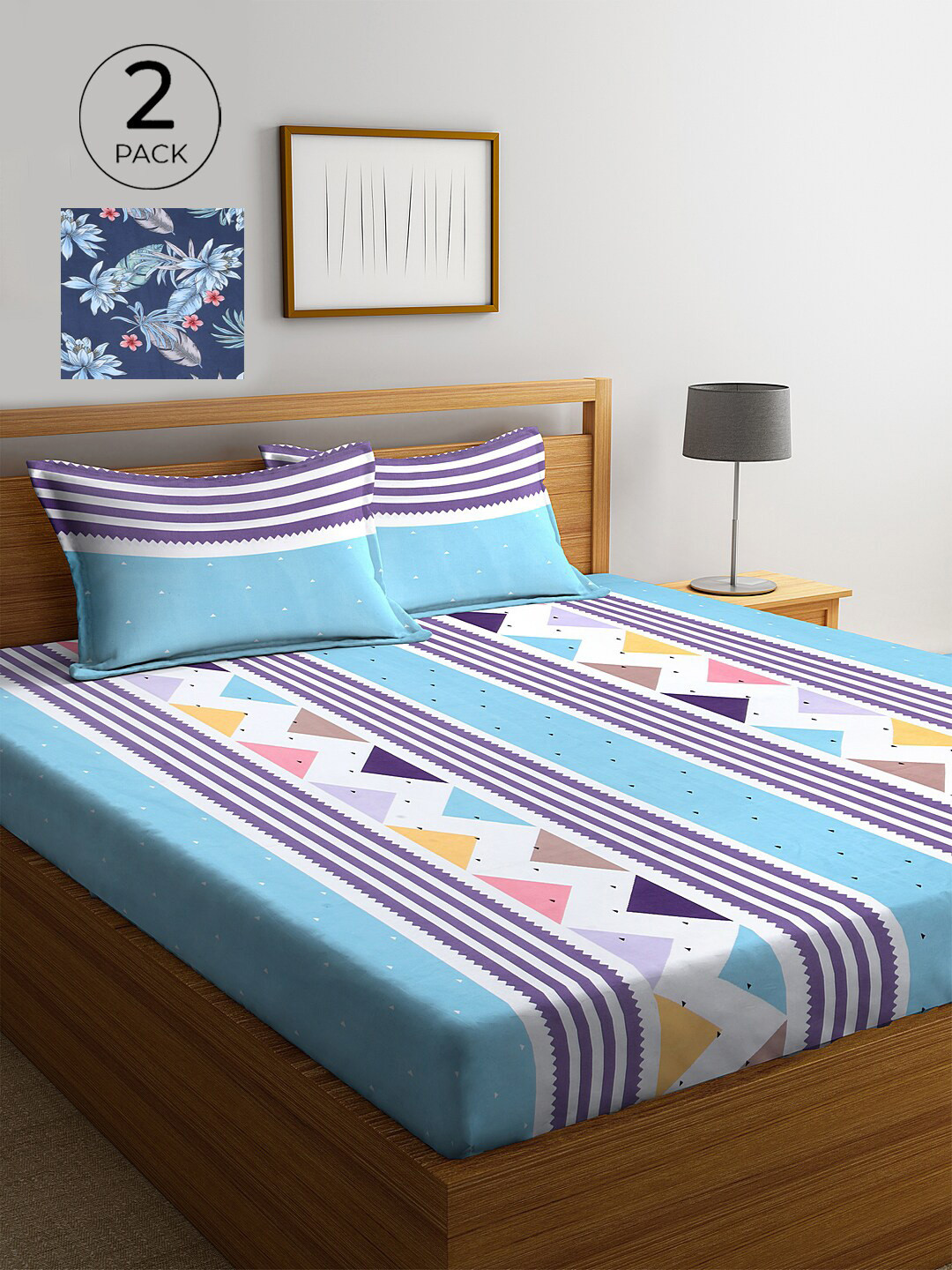 

KLOTTHE Blue & White Geometric 210 TC 2 King Bedsheet with 4 Pillow Covers