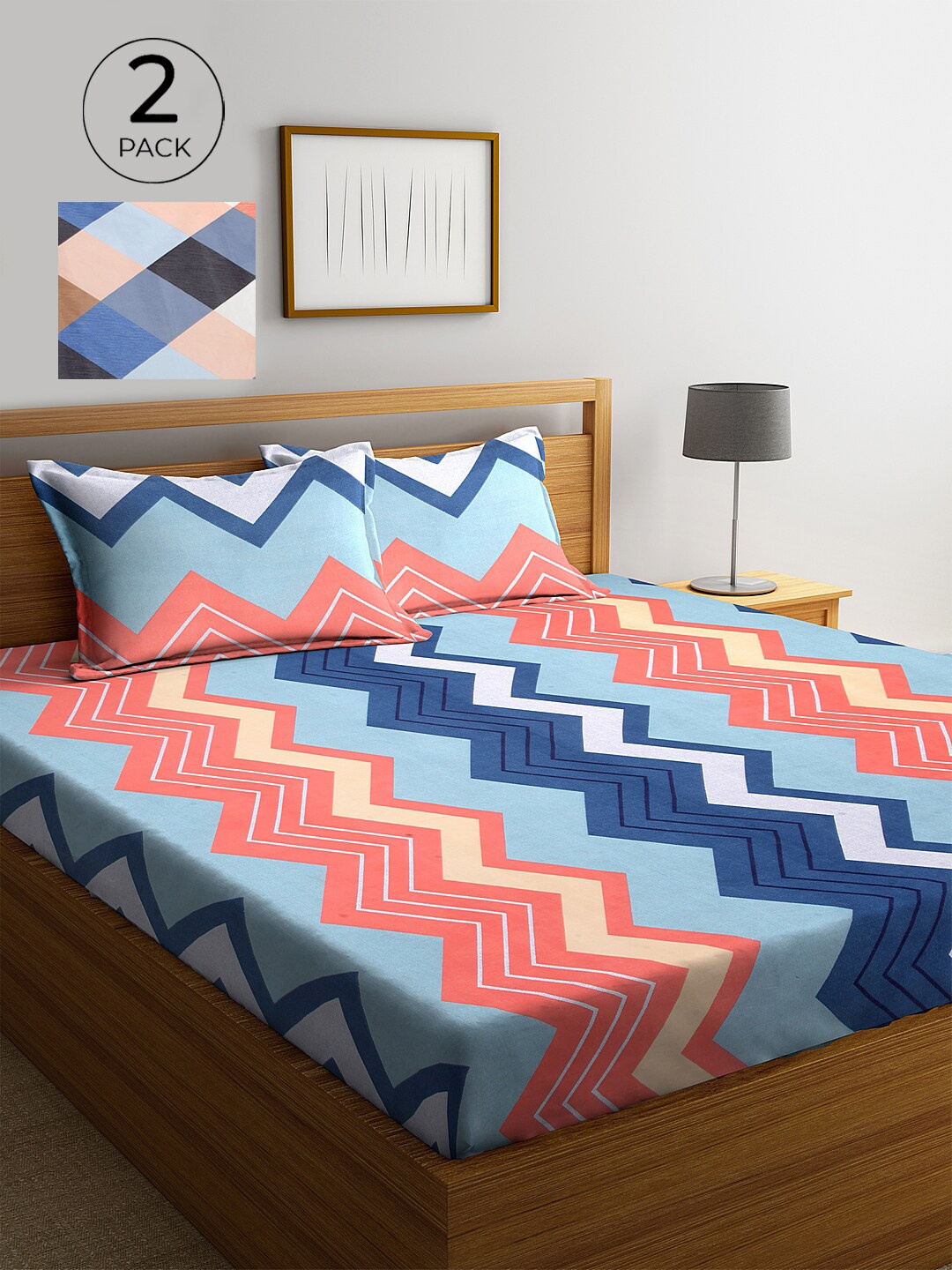 

KLOTTHE Set Of 2 Geometric 210 TC King Bedsheet With 4 Pillow Covers, Blue