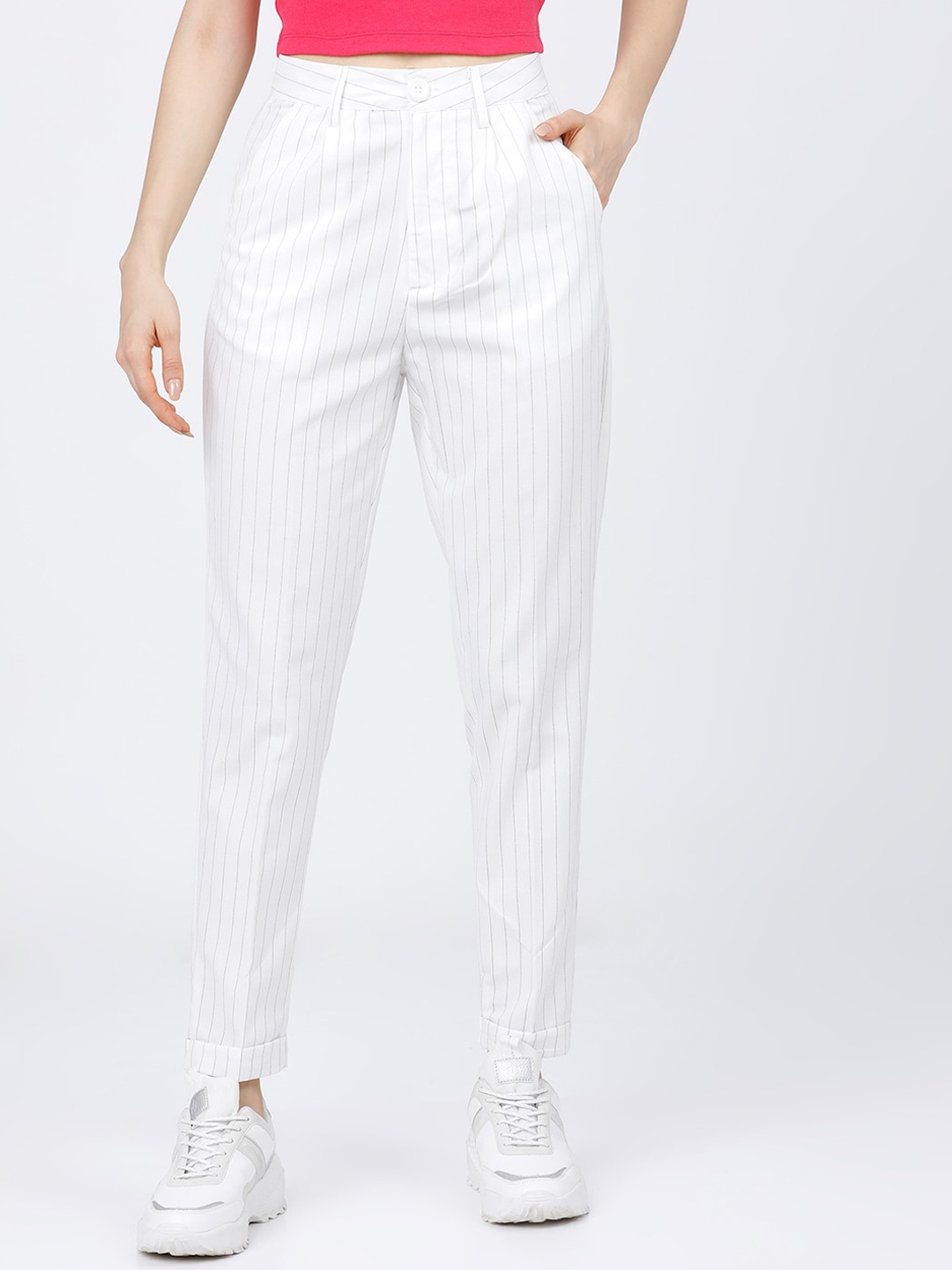 Tokyo Talkies Women Off White Striped Regular Trousers