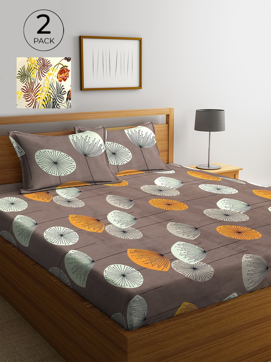 

KLOTTHE Cream & Brown Floral 210 TC 2 King Bedsheet with 4 Pillow Covers