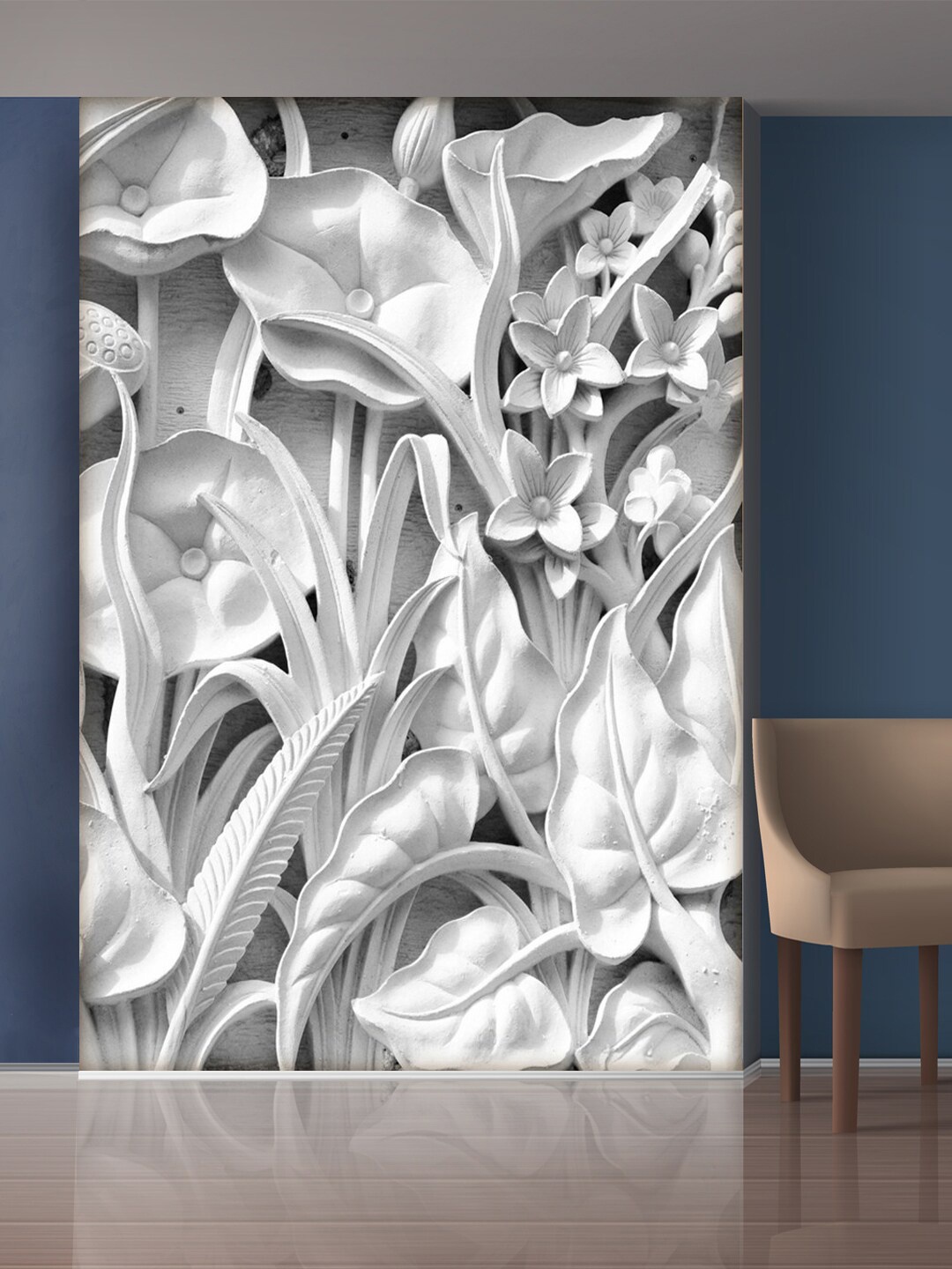 

999Store White Flowers And Leaves Mural Self-Adhesive Wallpaper