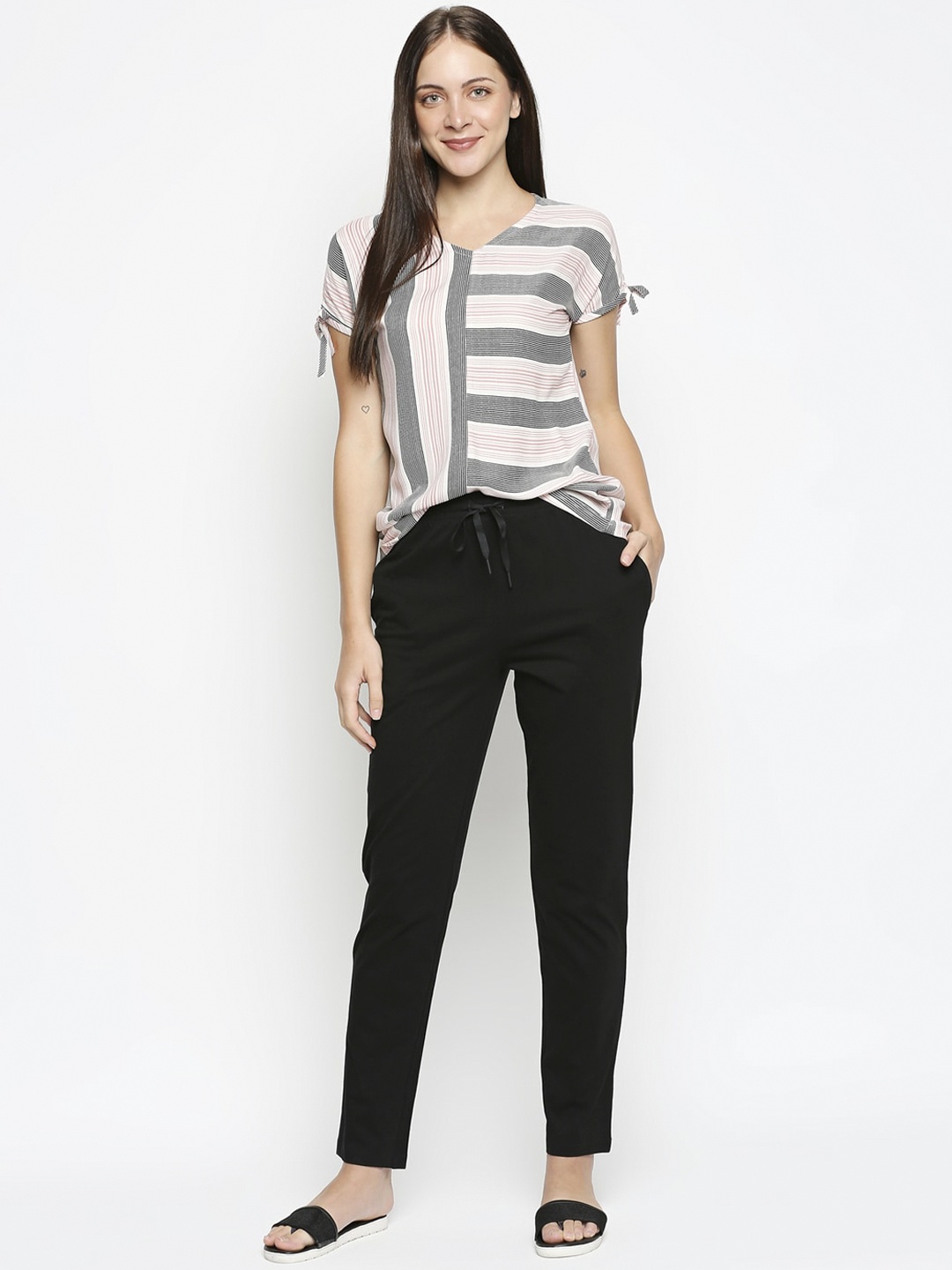 

XIN Plus size Women Pink & Black Striped Cotton Night Suit