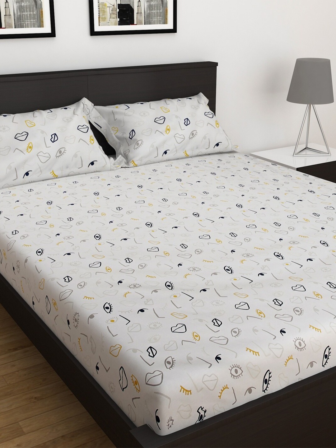 

Home Centre Medley Kent Printed 3-Piece Double Bedsheet Set, White