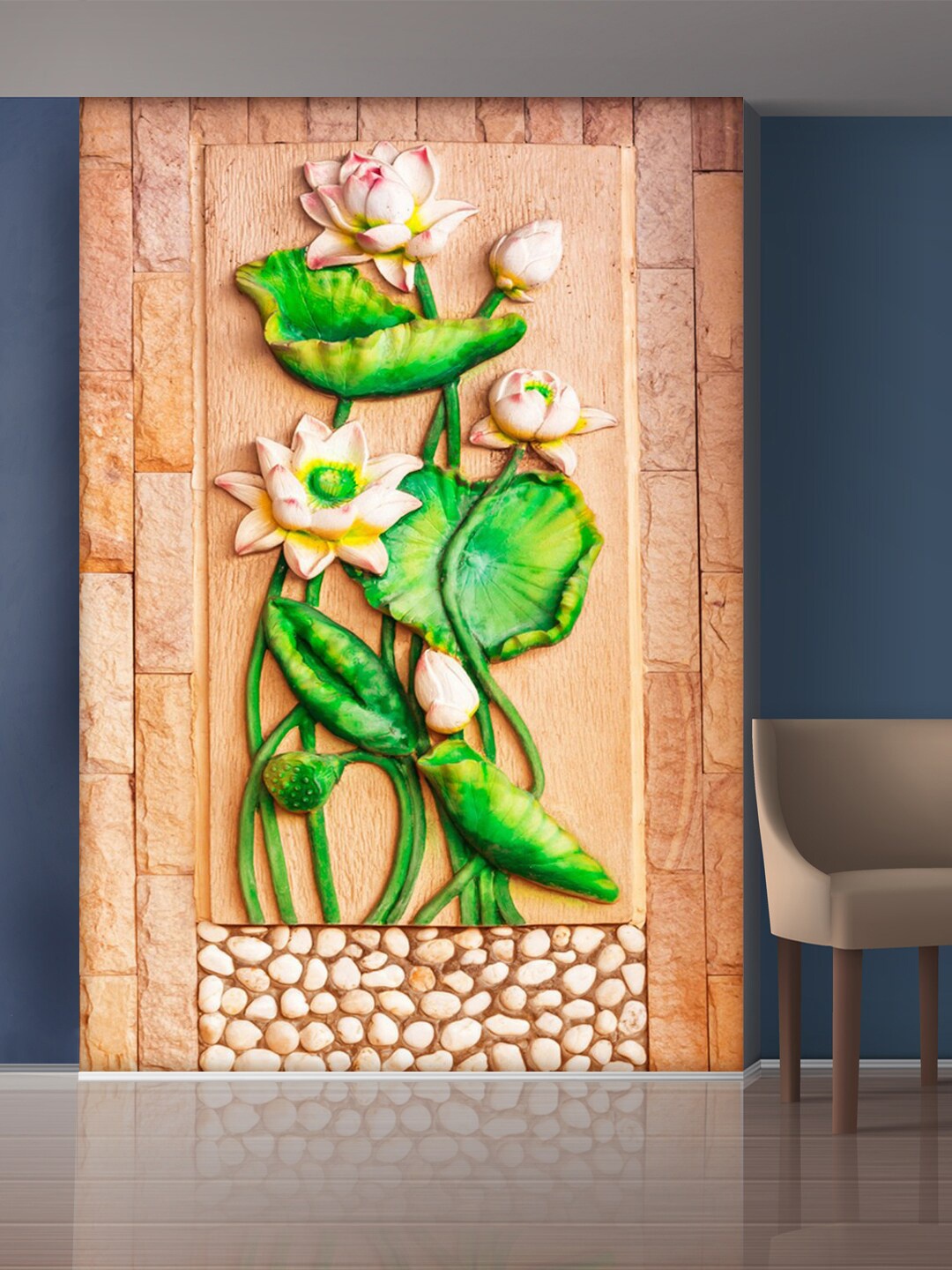 

999Store Pink & Green Flowers And Leaves Mural Self-Adhesive Wallpaper
