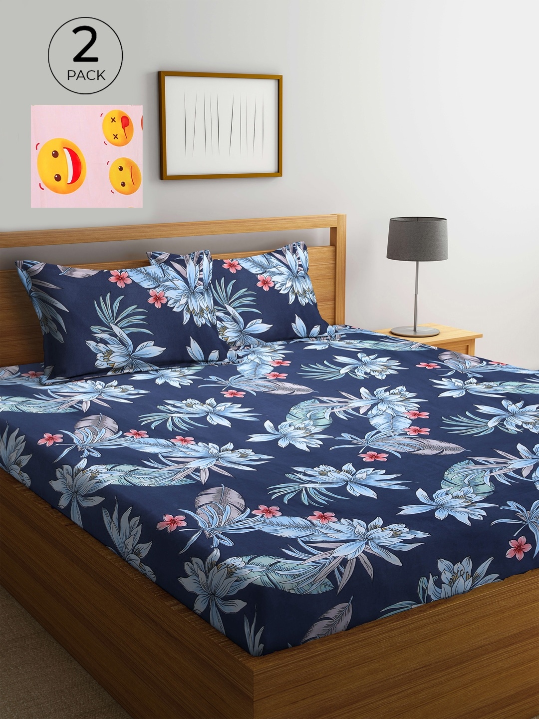 

KLOTTHE Blue & Pink Floral 210 TC 2 King Bedsheet with 4 Pillow Covers