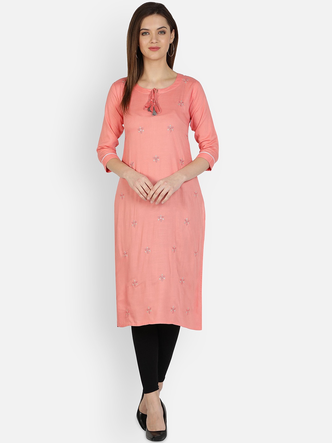 

Dipsha Women Peach Floral Embroidered Keyhole Neck Thread Work Floral Kurta