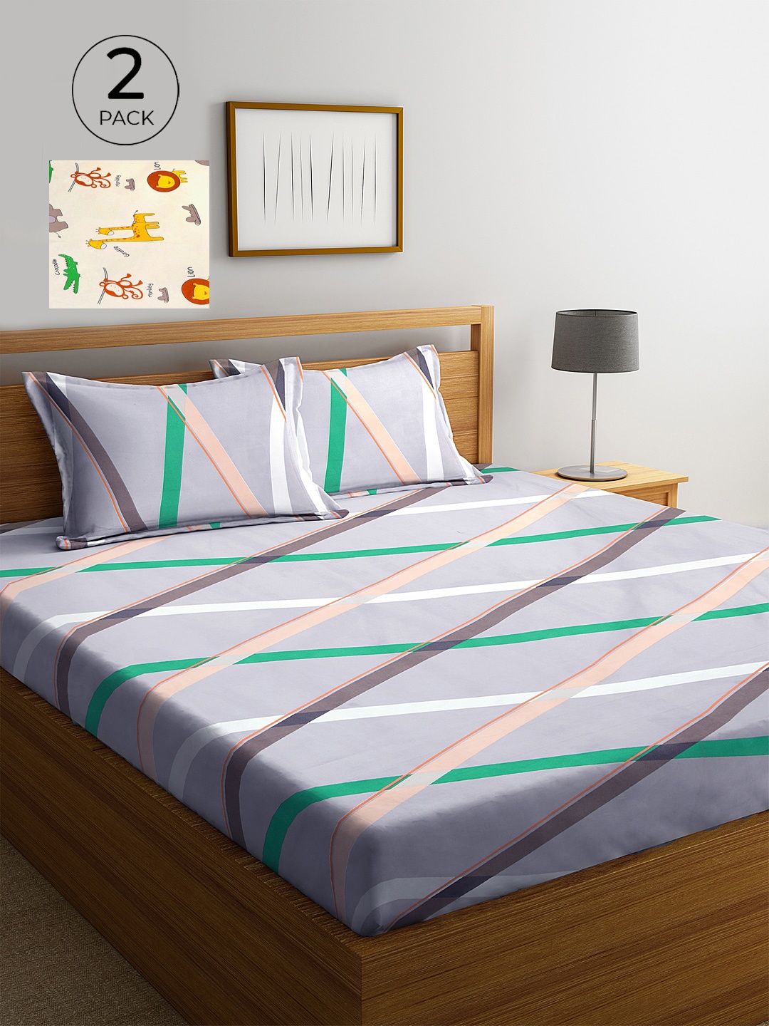 

KLOTTHE Cream & Violet Geometric 210 TC 2 King Bedsheet with 4 Pillow Covers