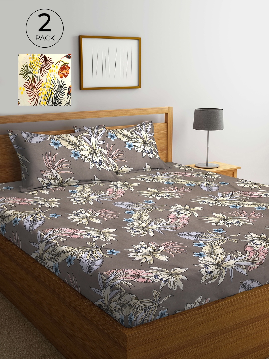 

KLOTTHE Brown & Yellow Floral 210 TC 2 King Bedsheet with 4 Pillow Covers