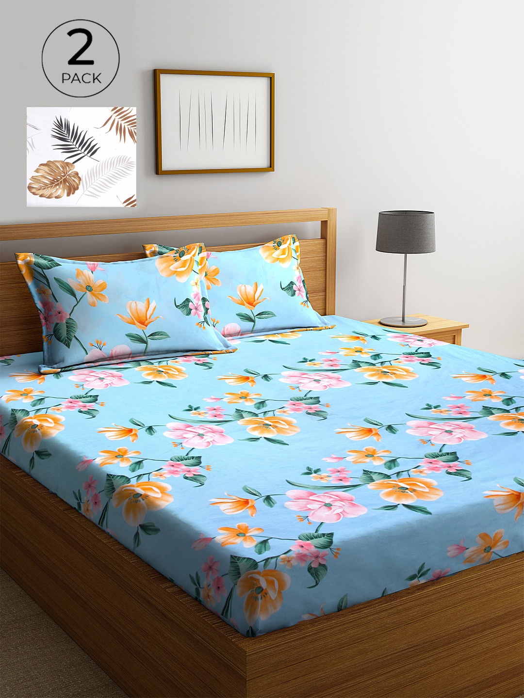

KLOTTHE Multicolor Floral 210 TC Poly Cotton 2 King Size Double Bedsheet Set, Blue