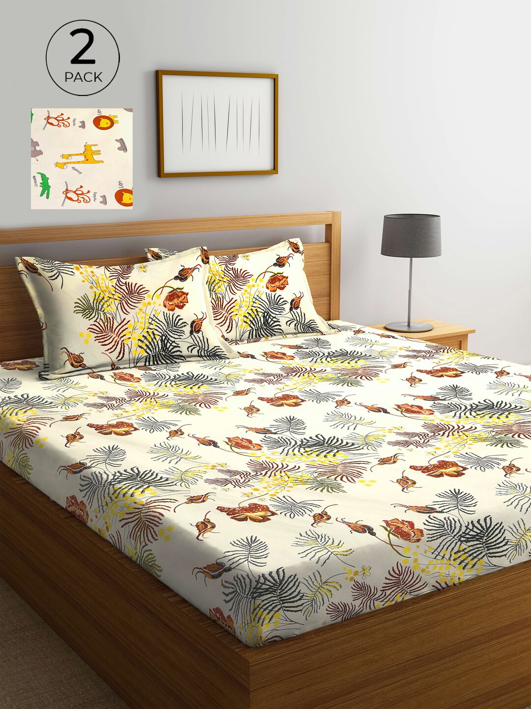 

KLOTTHE Multicolor Floral 210 TC Poly Cotton 2 King Size Double Bedsheet Set, White