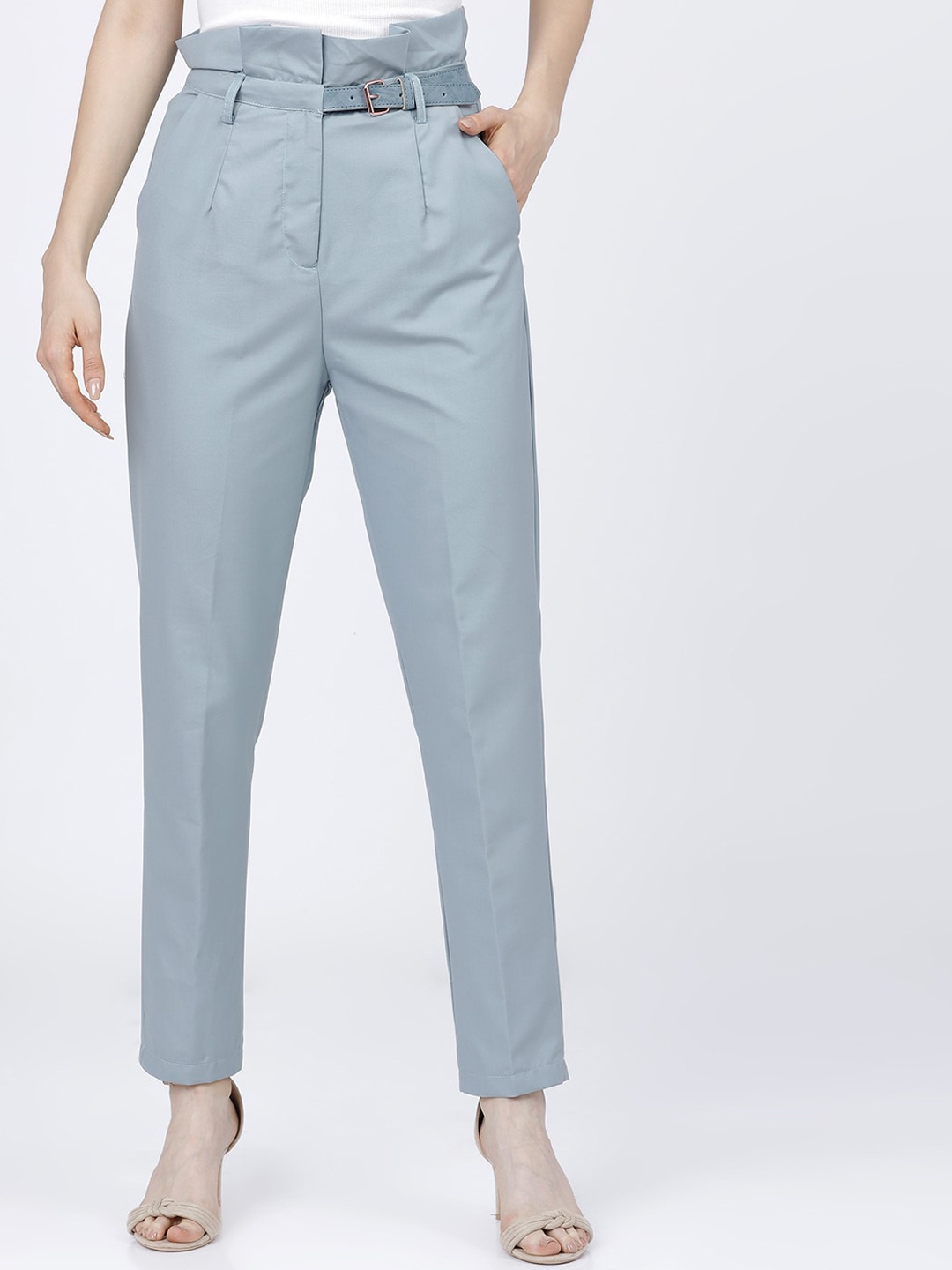 

Tokyo Talkies Women Blue High-Rise Regular Trousers With Belt
