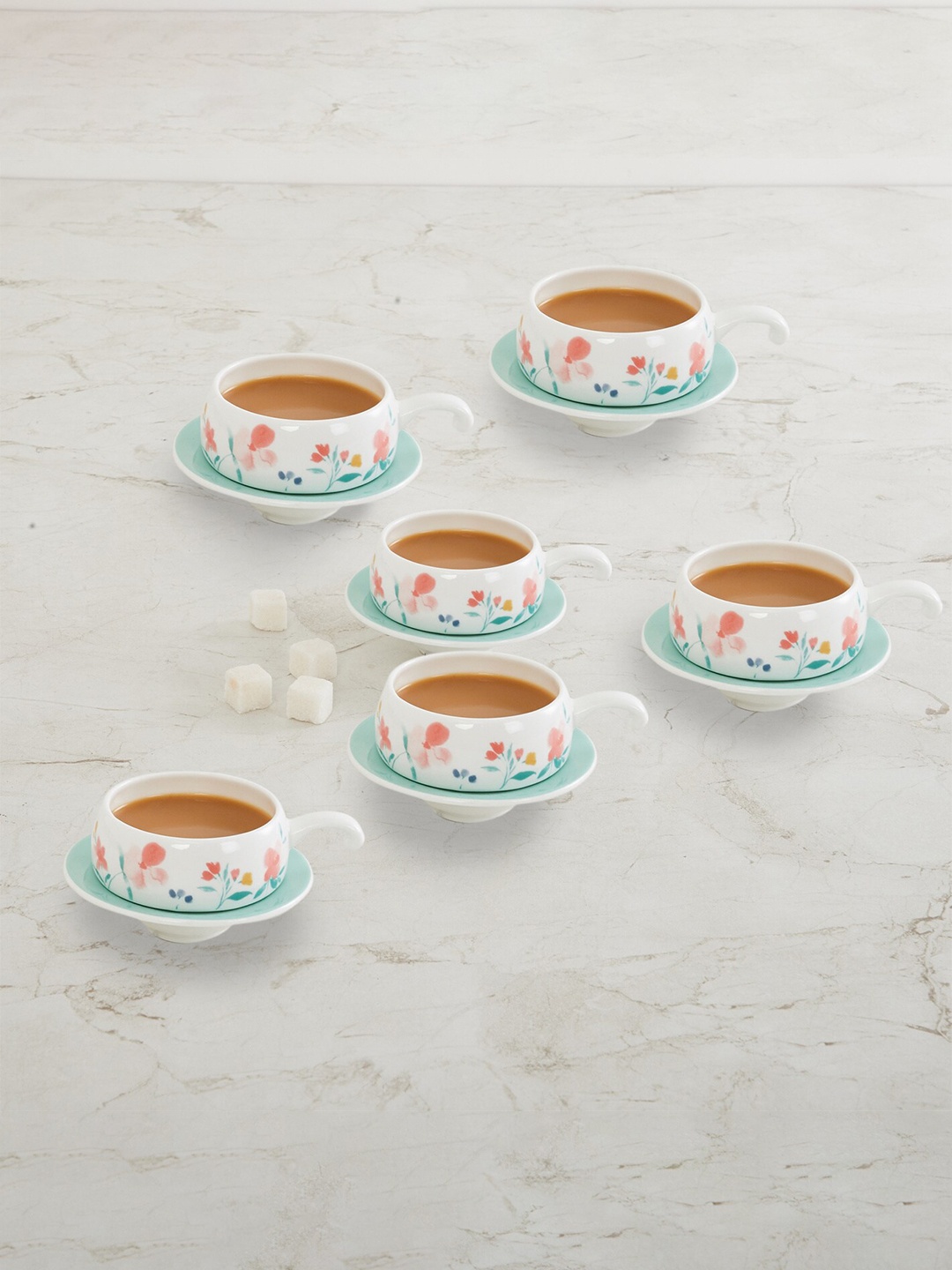 

Home Centre Set of 6 White & Peach-Coloured Printed Bone China Glossy Cups and Saucers