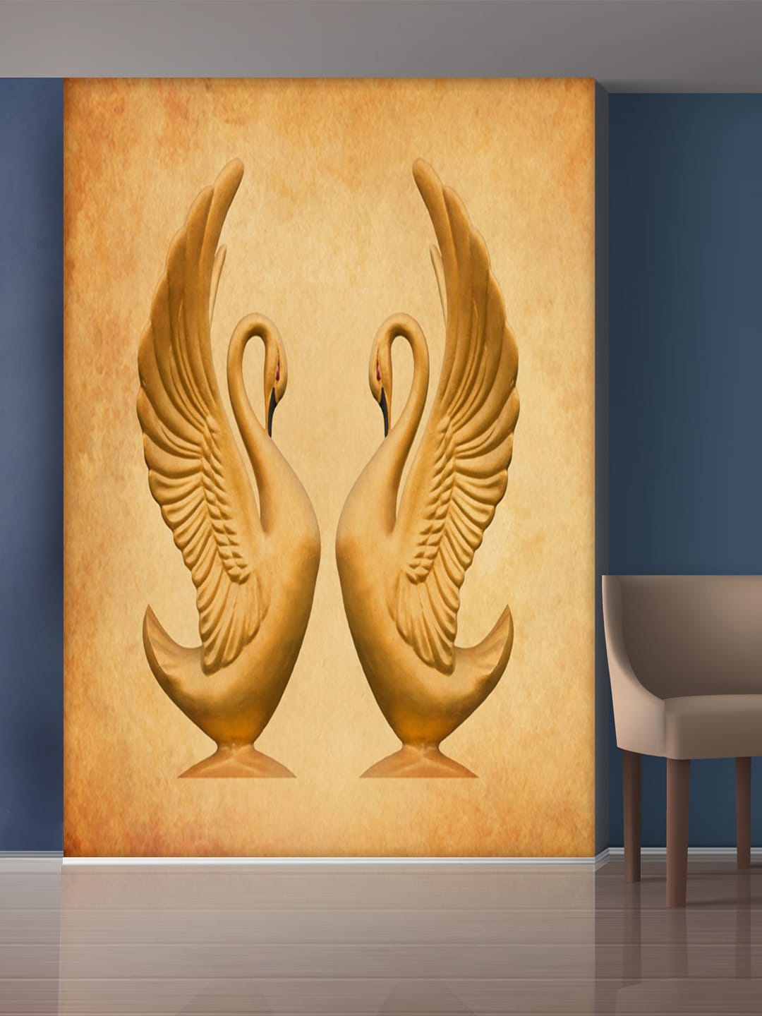 

999Store Gold-Toned & White Beautiful Ducks Mural Wallpaper