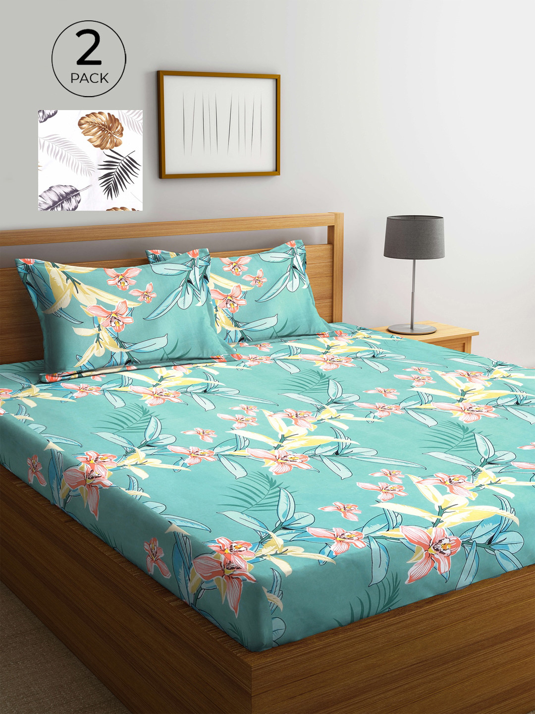 

KLOTTHE Sea Green & White Floral 210 TC 2 King Bedsheet with 4 Pillow Covers
