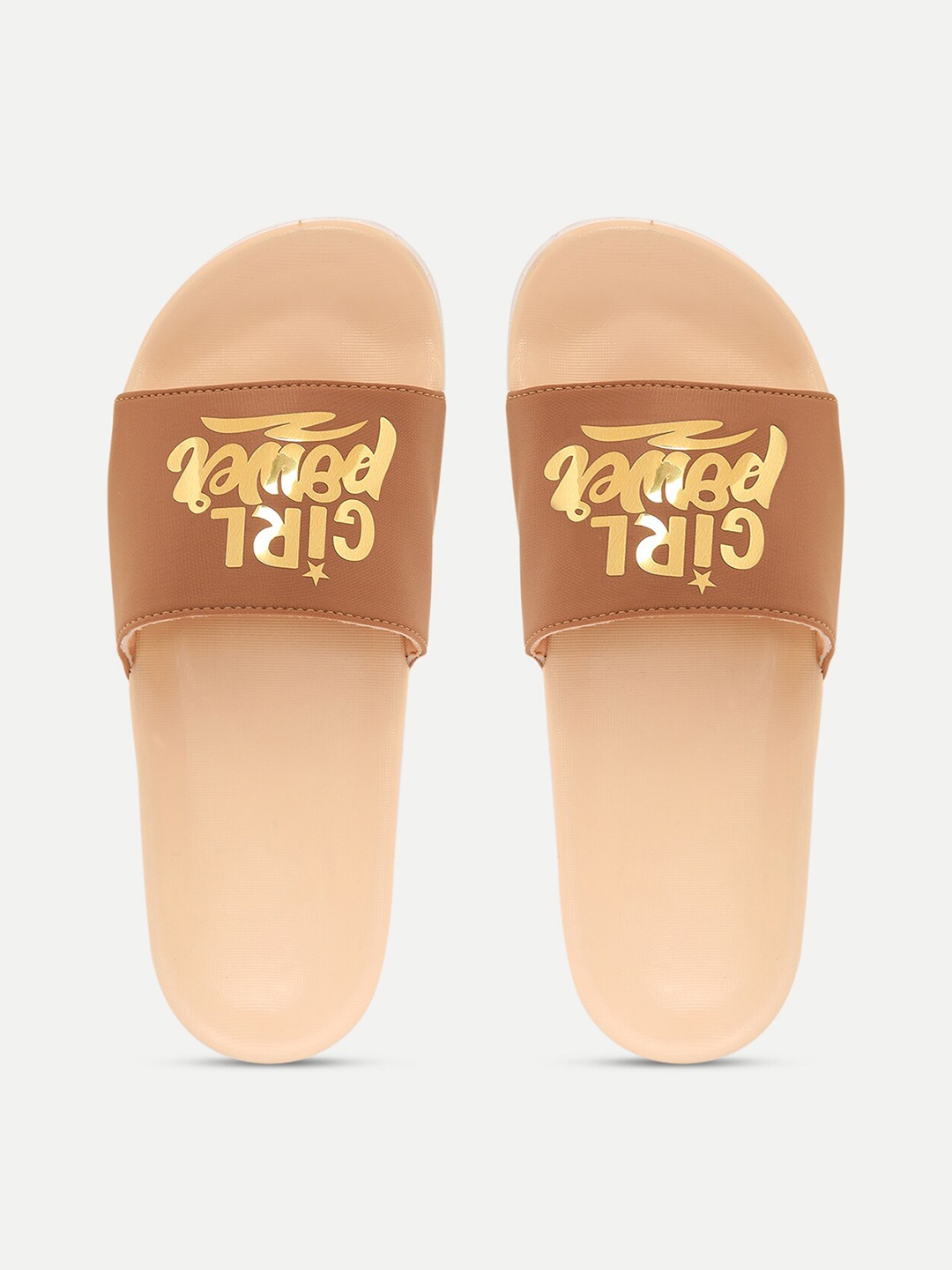 

FREECO Women Brown & Peach-Coloured Printed Sliders