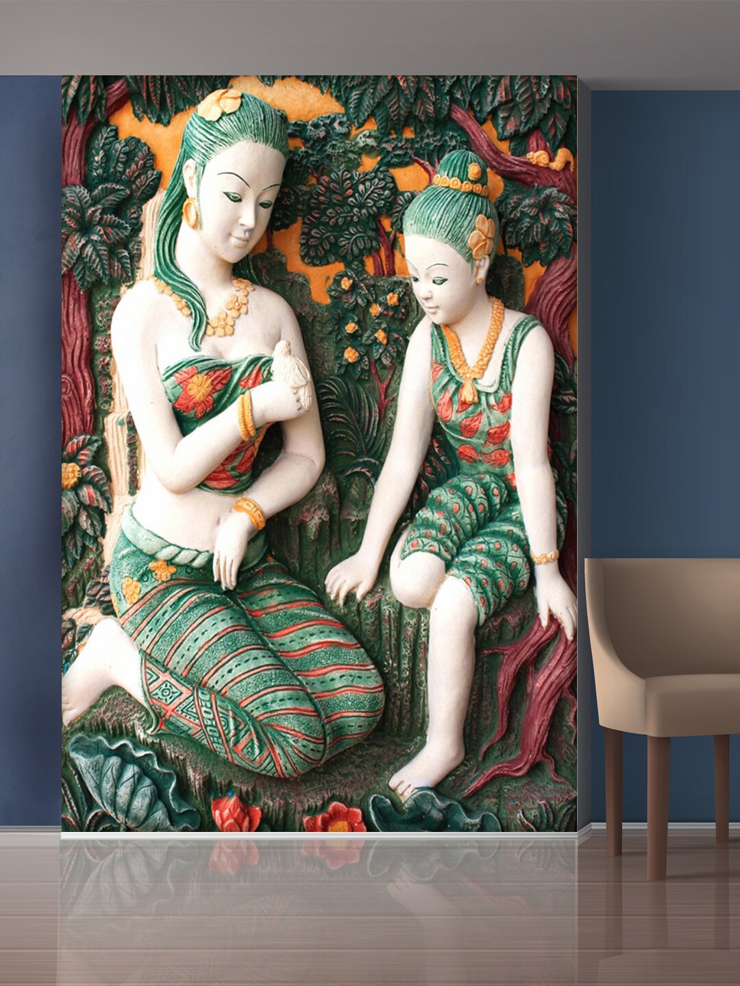 

999Store Green & White Forest and Sitting Lady's Mural Wallpaper