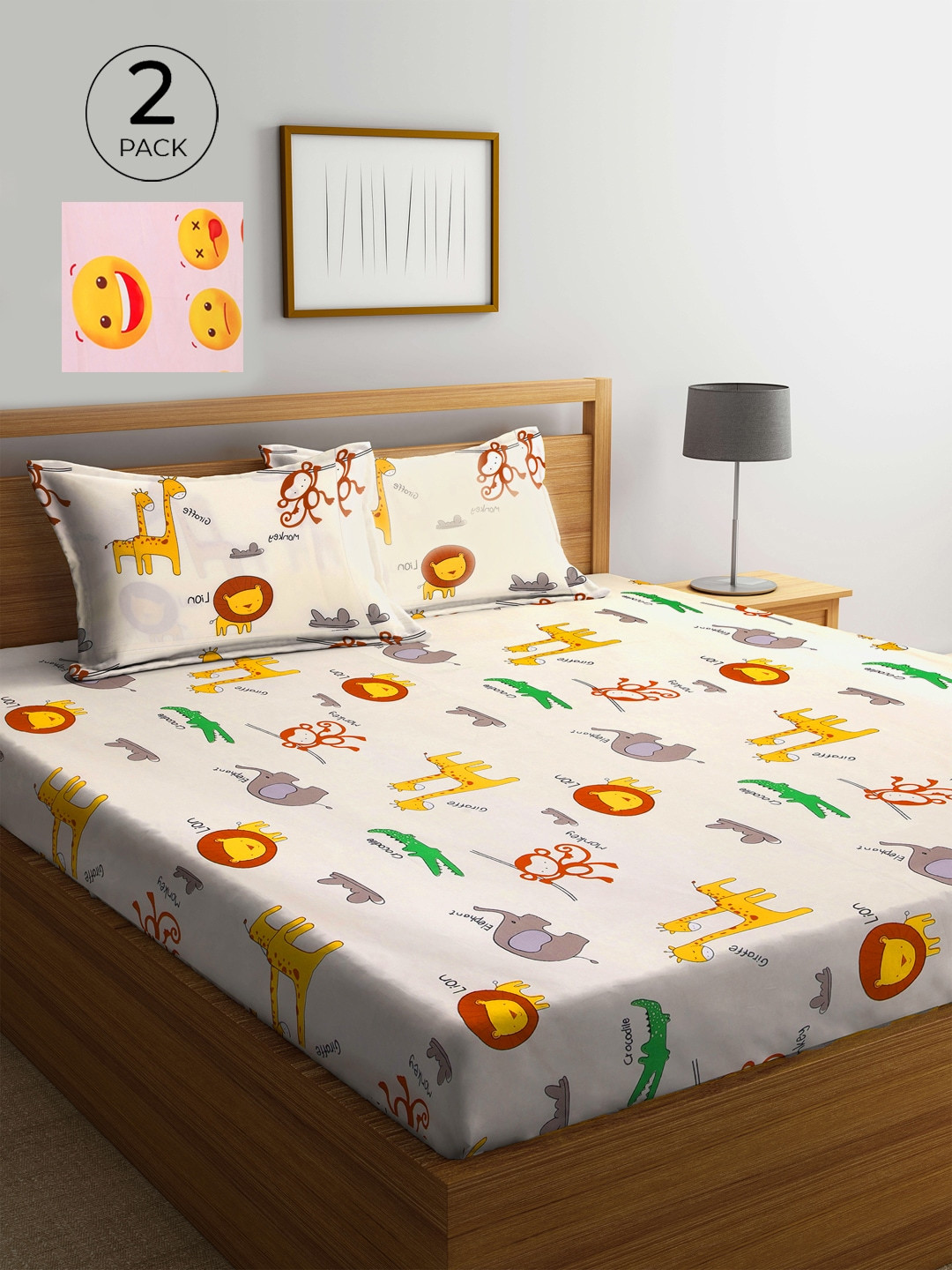 

KLOTTHE Pink & Yellow Graphic 210 TC 2 King Bedsheet with 4 Pillow Covers