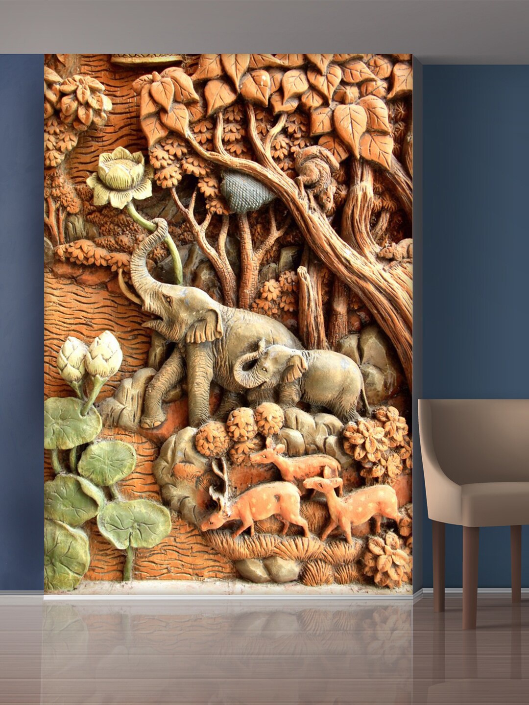

999Store Beige Forest and Elephant Mural Self Adhesive Wallpaper