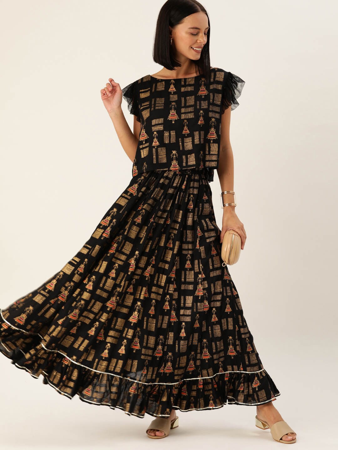 

Varanga Women Black Printed Top with Skirt