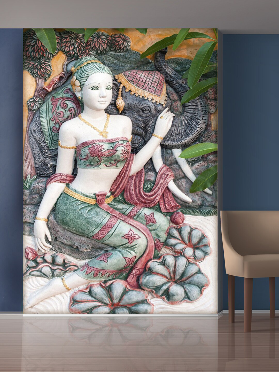

999Store White & Green Elephant & Sitting Lady Mural Wall Sticker