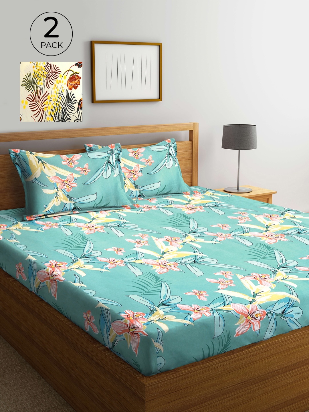 

KLOTTHE Cream & Turquoise Blue Floral 210 TC 2 King Bedsheet with 4 Pillow Covers