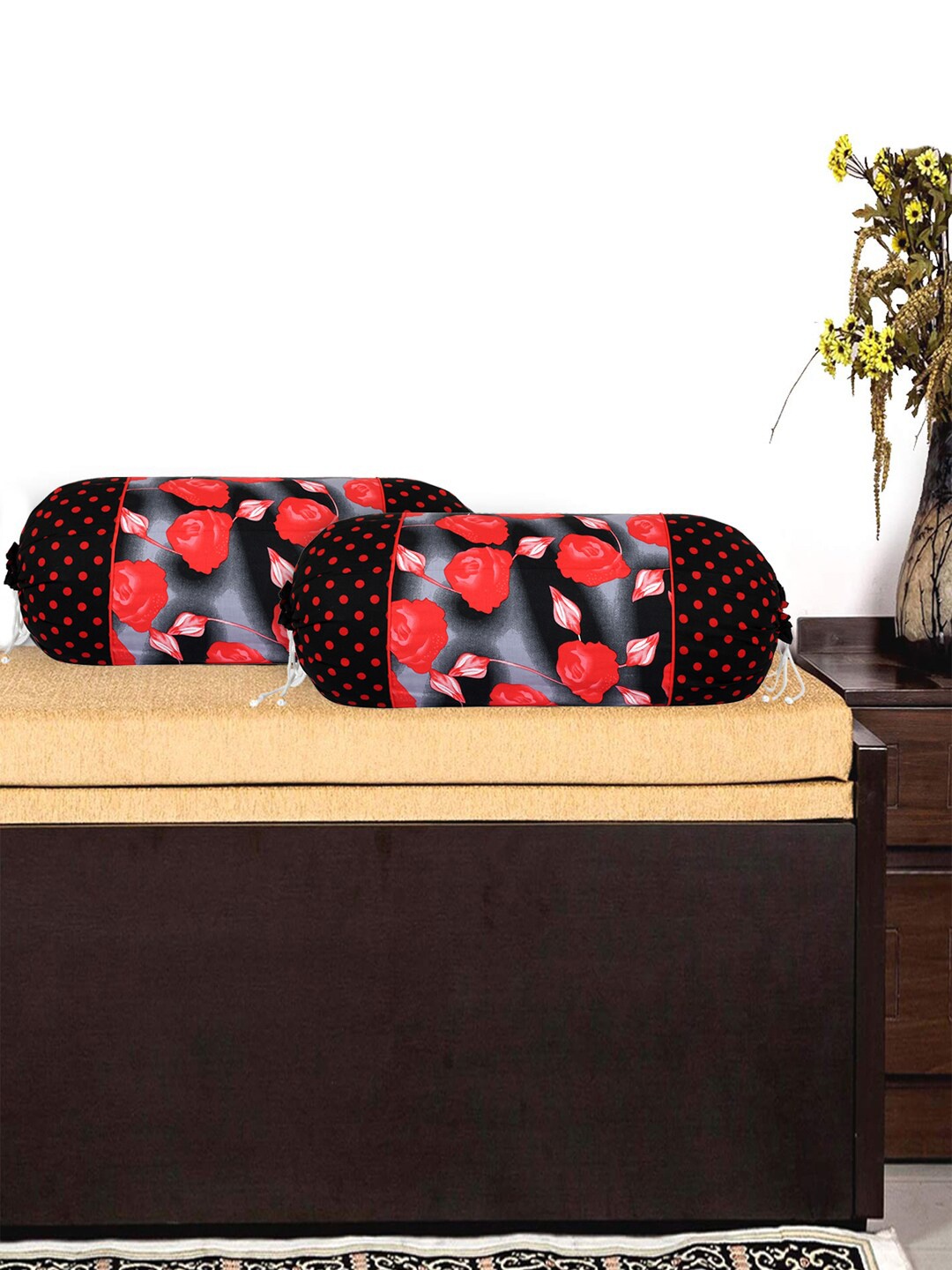 Kuber Industries Set Of 4 Black & Red Printed Floral Design Bolster Covers
