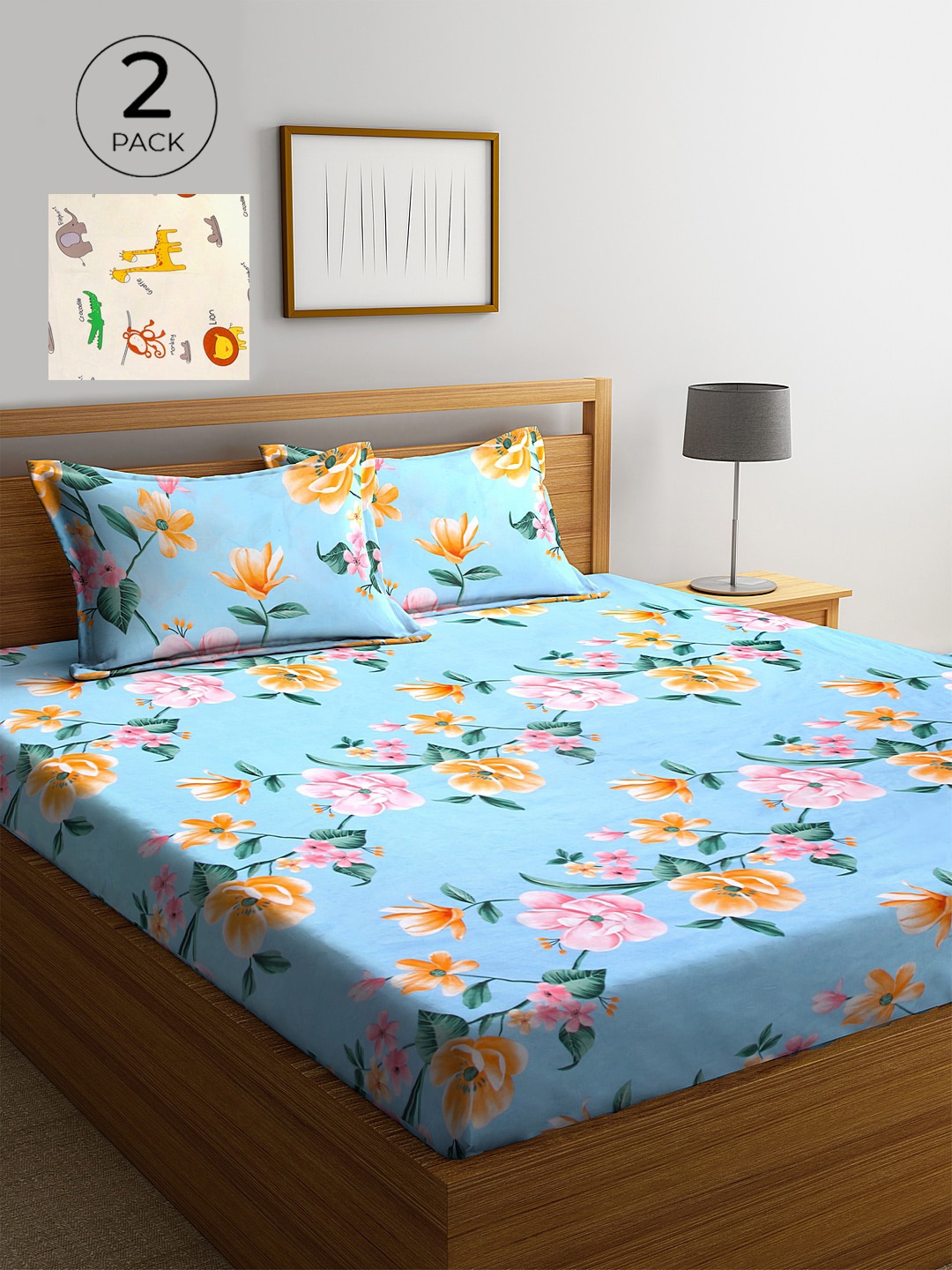 

KLOTTHE Cream & Blue Floral 210 TC 2 King Bedsheet with 4 Pillow Covers