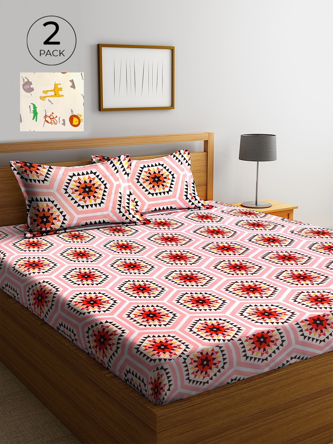 

KLOTTHE Pink & Cream-Coloured Geometric 210 TC 2 King Bedsheet with 4 Pillow Covers