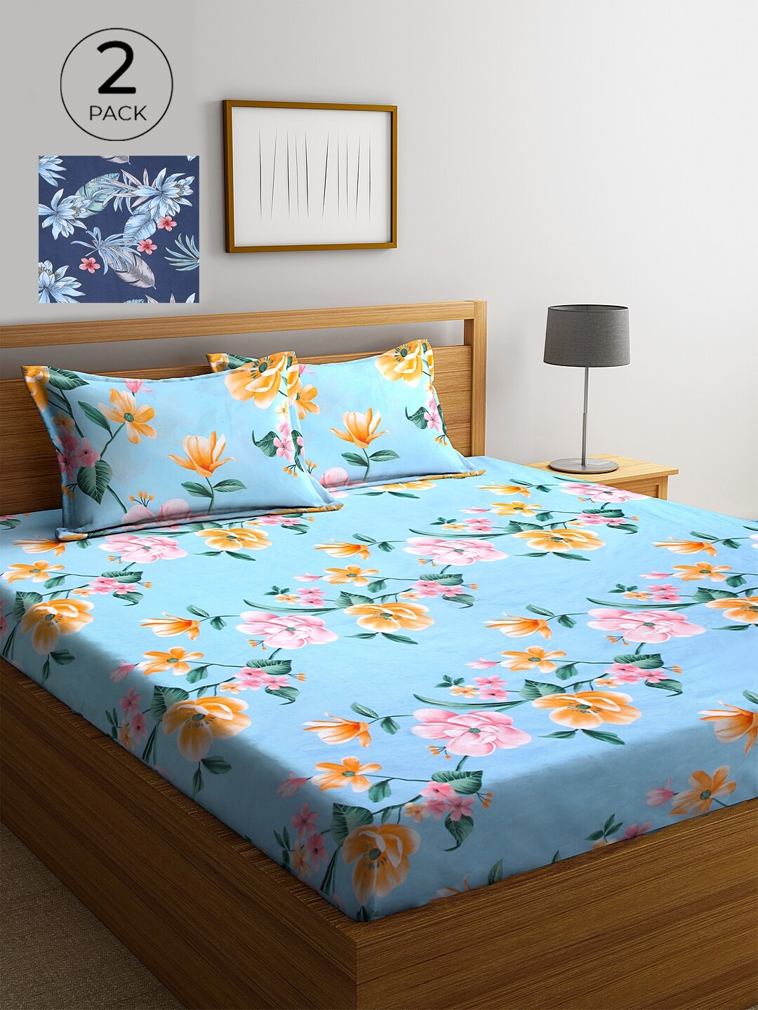 

KLOTTHE Blue & Orange Floral 210 TC 2 King Bedsheet with 4 Pillow Covers