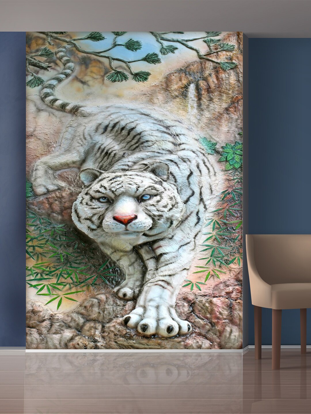 

999Store Brown & Green Leaves & Angry Tiger Mural Wallpaper