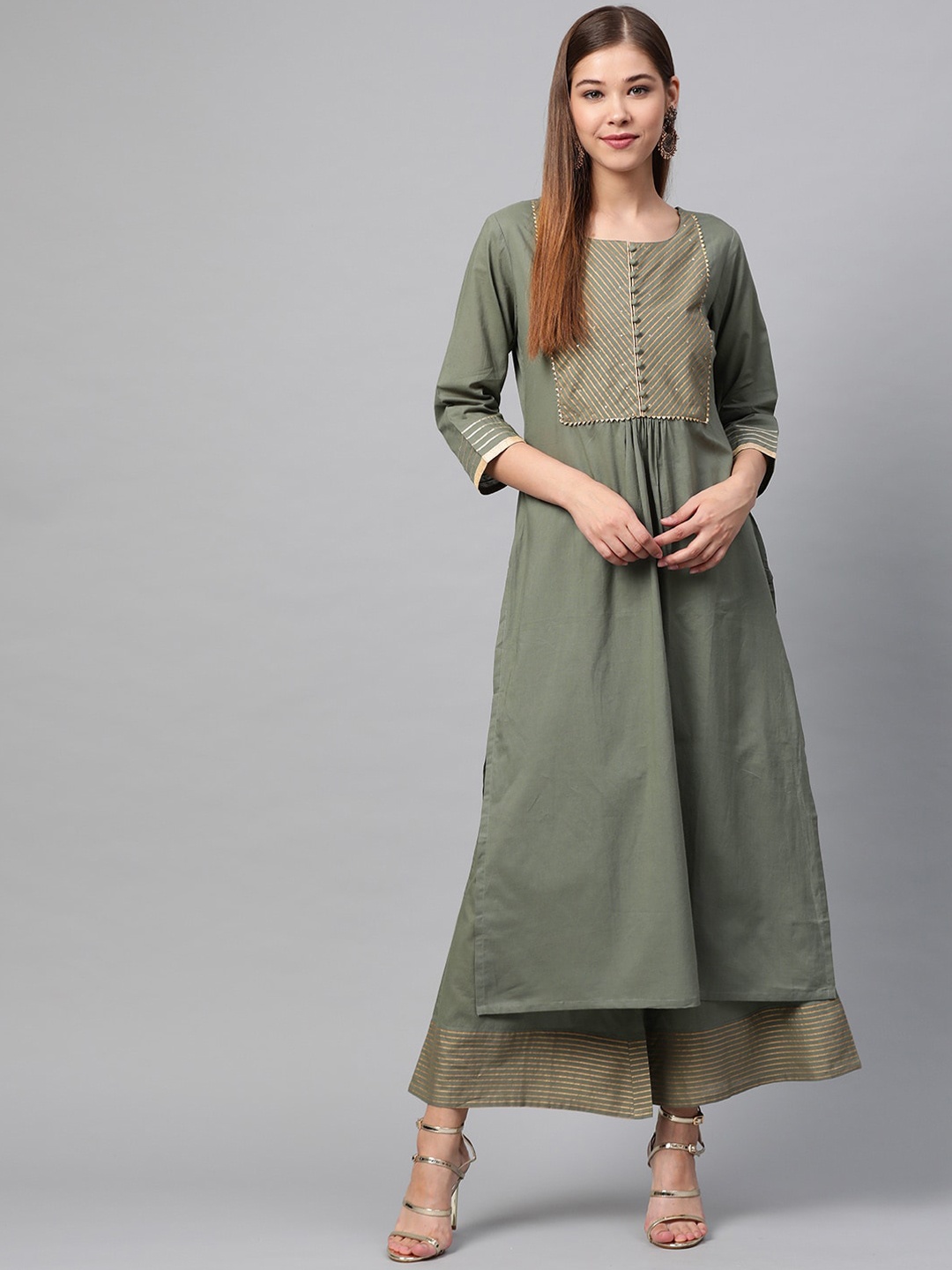 

Varanga Women Olive Floral Yoke Design Tiered Kurti with Sharara