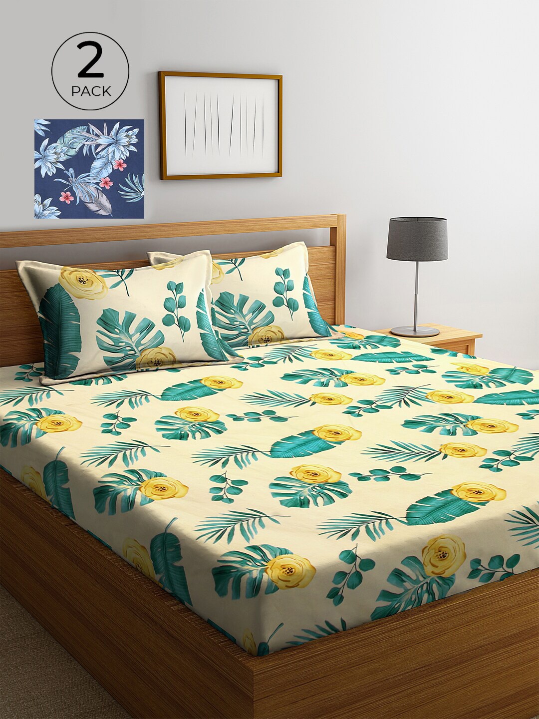 

KLOTTHE Set of Green & Yellow Floral 210 TC 2 King Bedsheet with 4 Pillow Covers