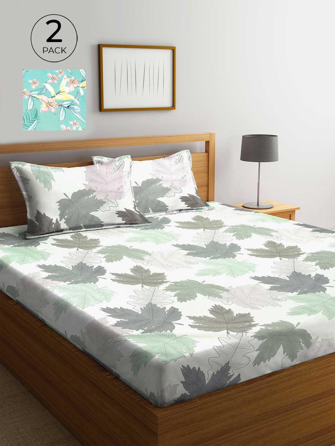 

KLOTTHE Green & Grey Floral 210 TC 2 King Bedsheet with 4 Pillow Covers