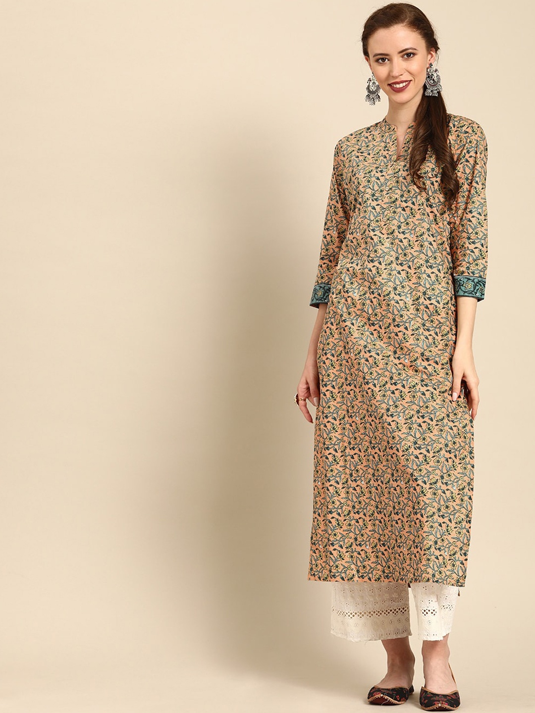 

Varanga Women Peach & Green Ethnic Motifs Printed Kurta