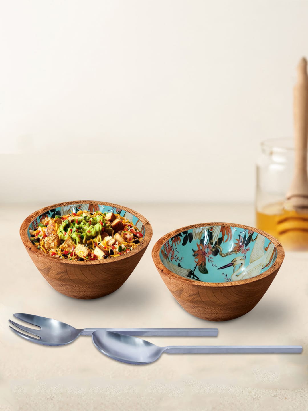 

nestroots Set Of 4 Brown & Turquoise Blue Printed Decorative Bowls With Serving Spoon And Fork