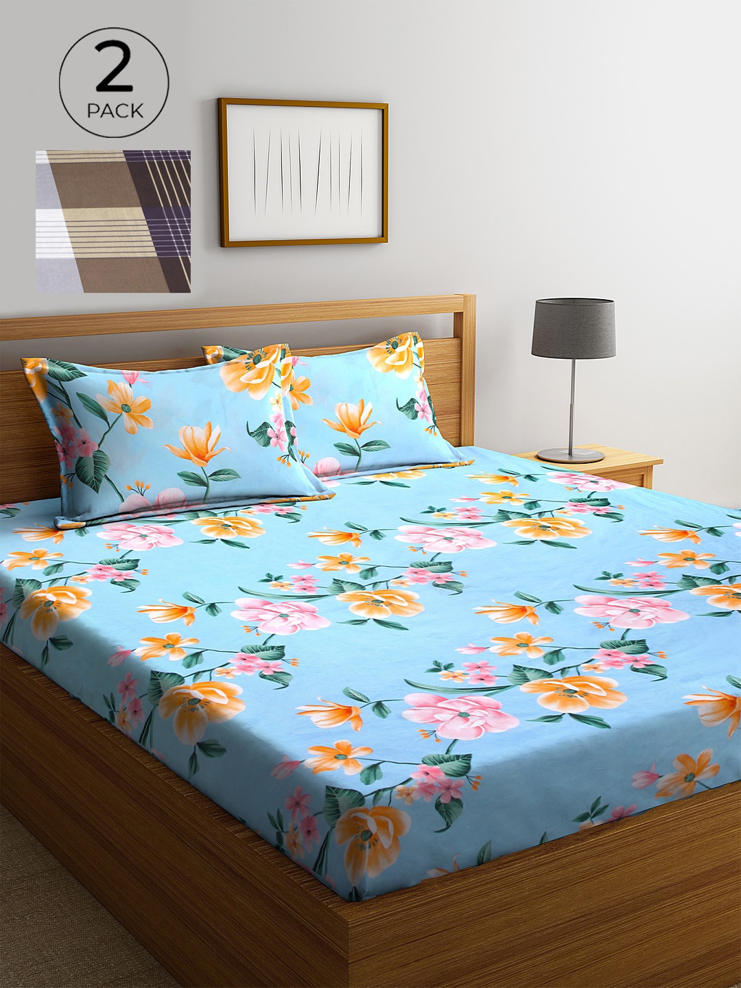 

KLOTTHE Pack of Blue & Grey Floral 210 TC 2 King Bedsheet with 4 Pillow Covers