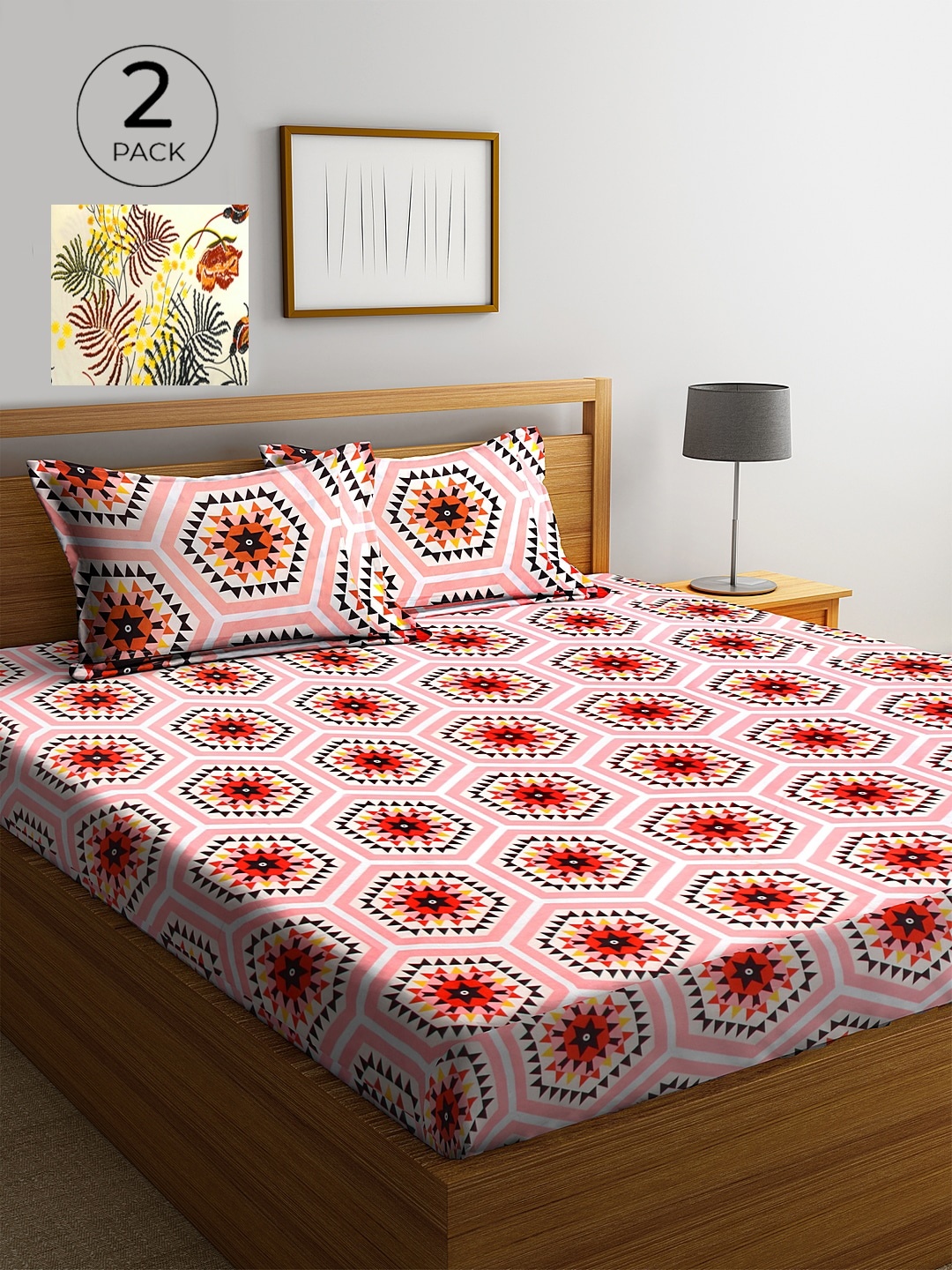 

KLOTTHE Pink & Yellow Geometric 210 TC 2 King Bedsheet with 4 Pillow Covers