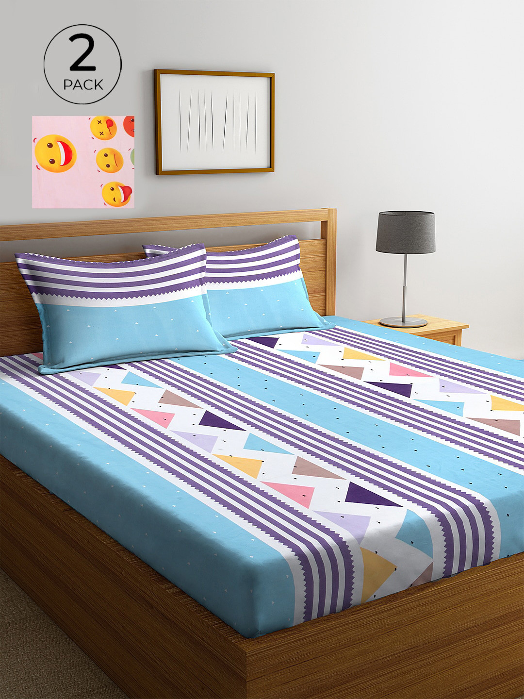 

KLOTTHE Blue & Pink Geometric 210 TC 2 King Bedsheet with 4 Pillow Covers