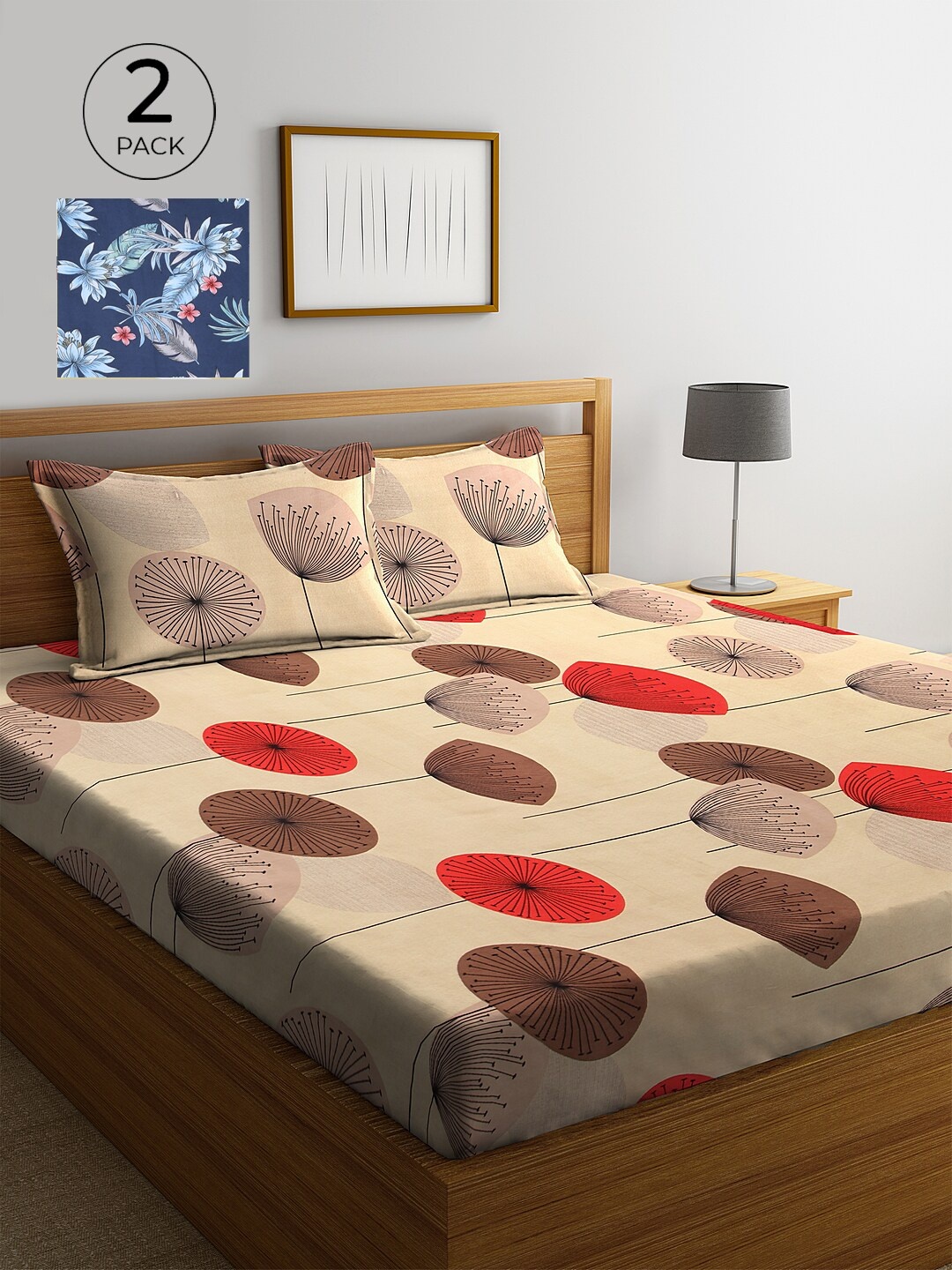 

KLOTTHE Navy Blue & Beige Floral 210 TC 2 King Bedsheet with 4 Pillow Covers