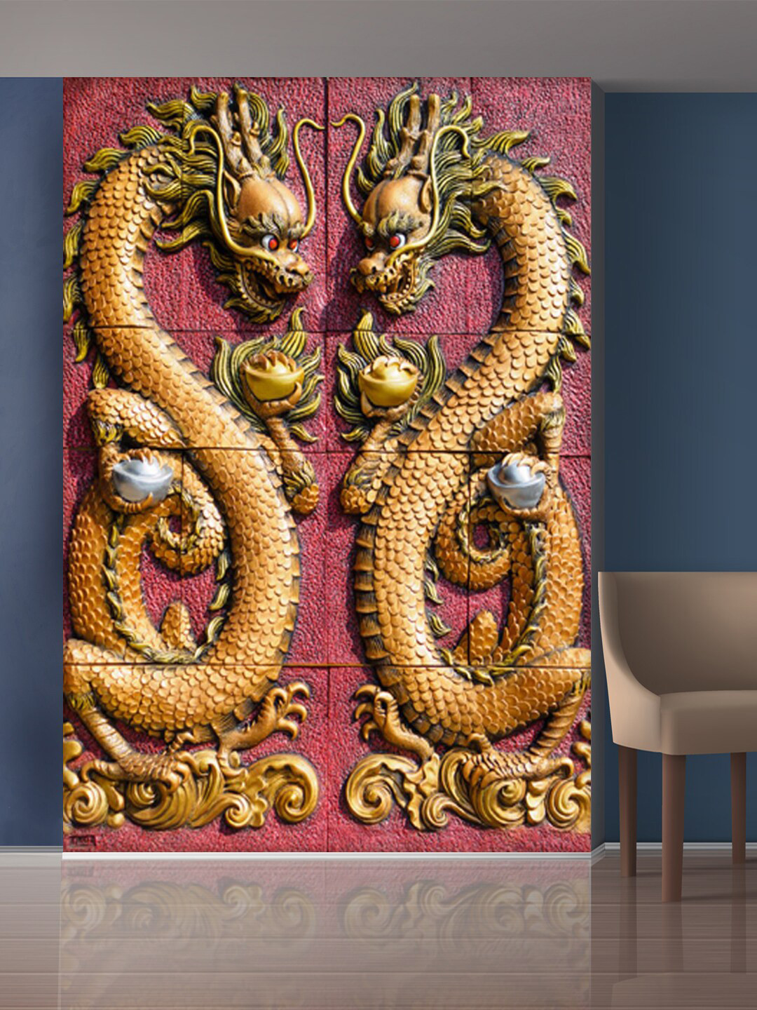 

999Store Pink & Gold-Toned Angry Dragon Mural Wallpaper