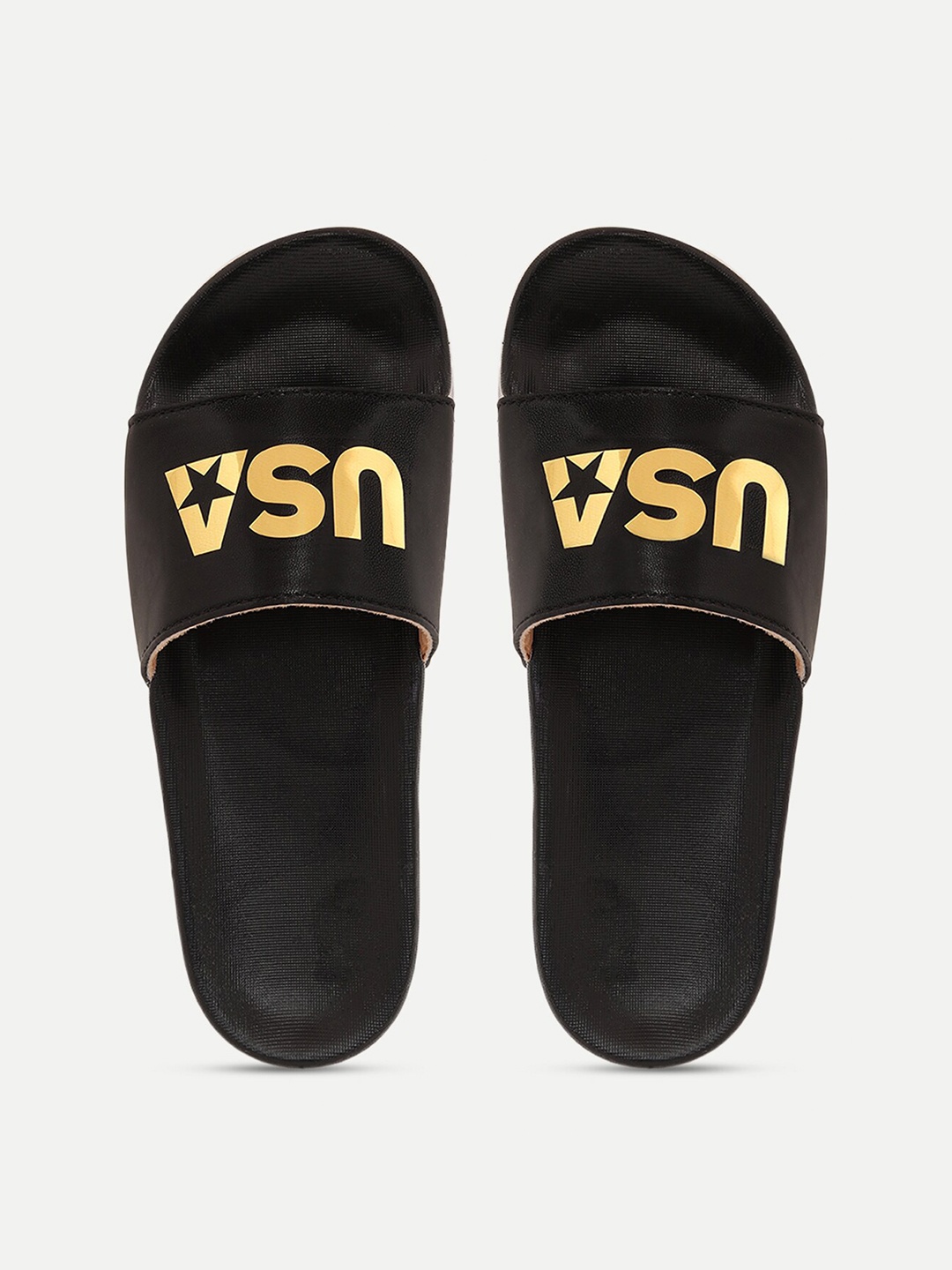 

FREECO Women Black & Gold-Toned Printed Sliders