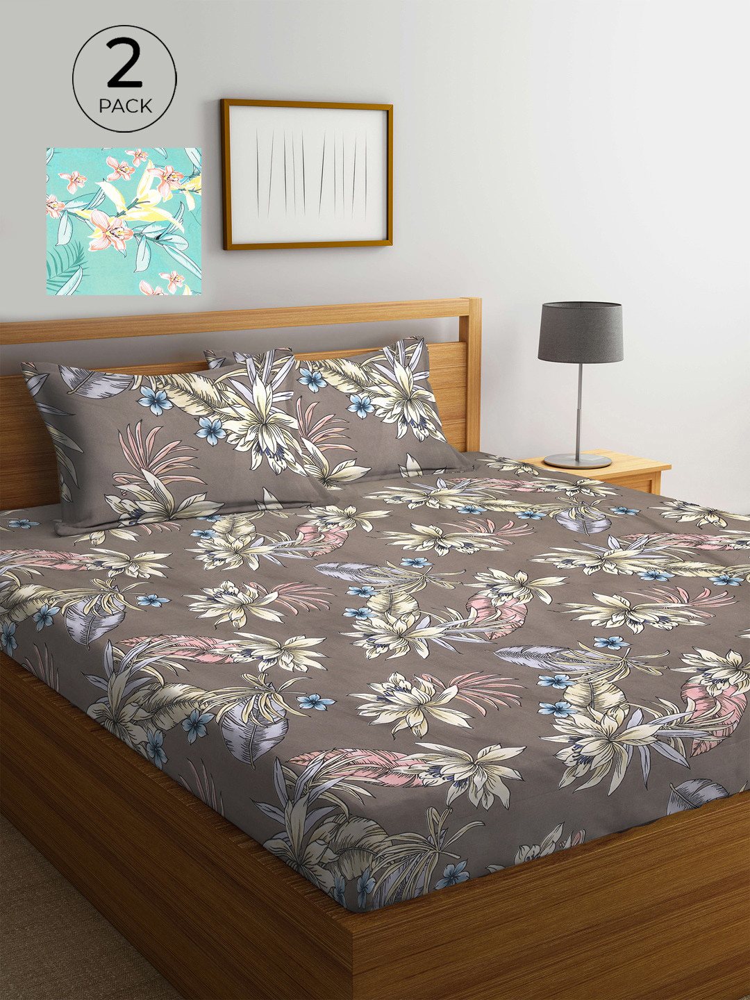 

KLOTTHE Grey & Turquoise Blue Floral 210 TC 2 King Bedsheet with 4 Pillow Covers