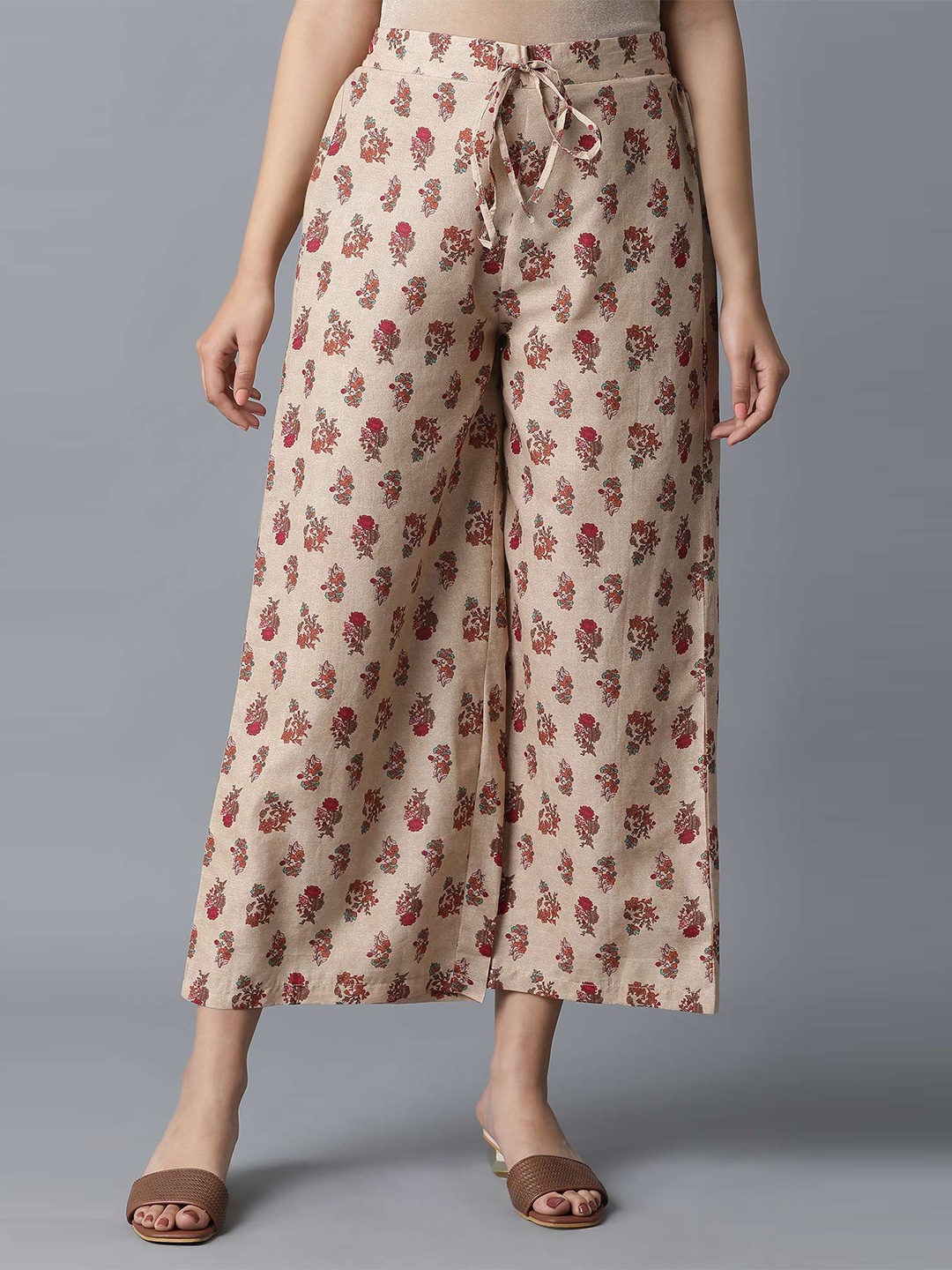 

W Women Beige & Maroon Ethnic Motifs Printed Cropped Ethnic Palazzos
