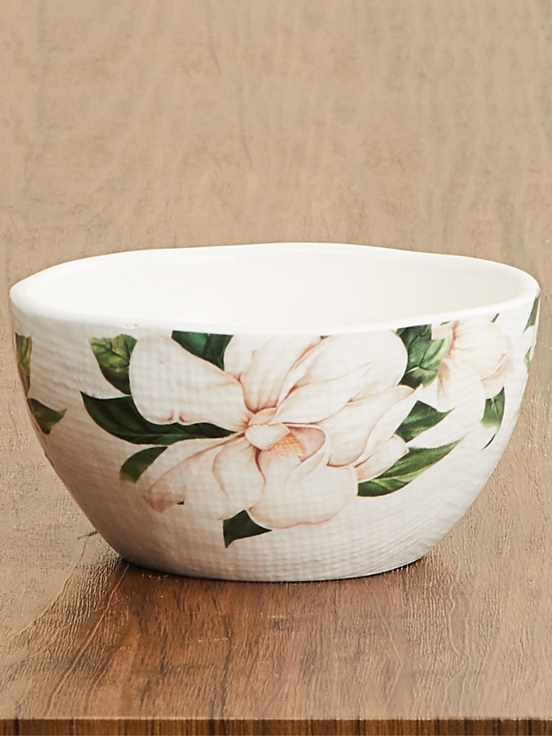 Home Centre White & Green Magnolia Printed Ceramic Bowl