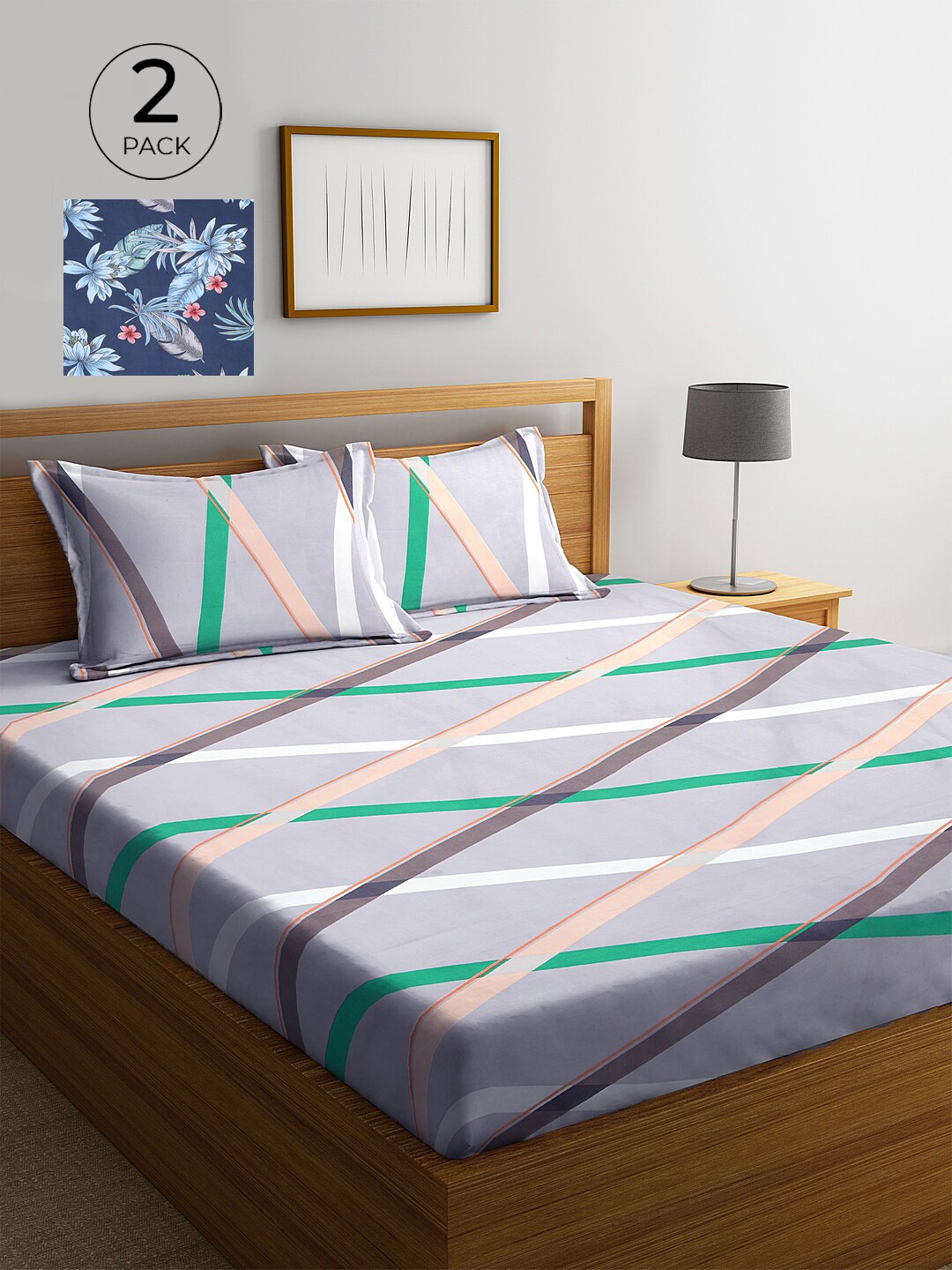 

KLOTTHE Blue & Grey Geometric 210 TC 2 King Bedsheet with 4 Pillow Covers