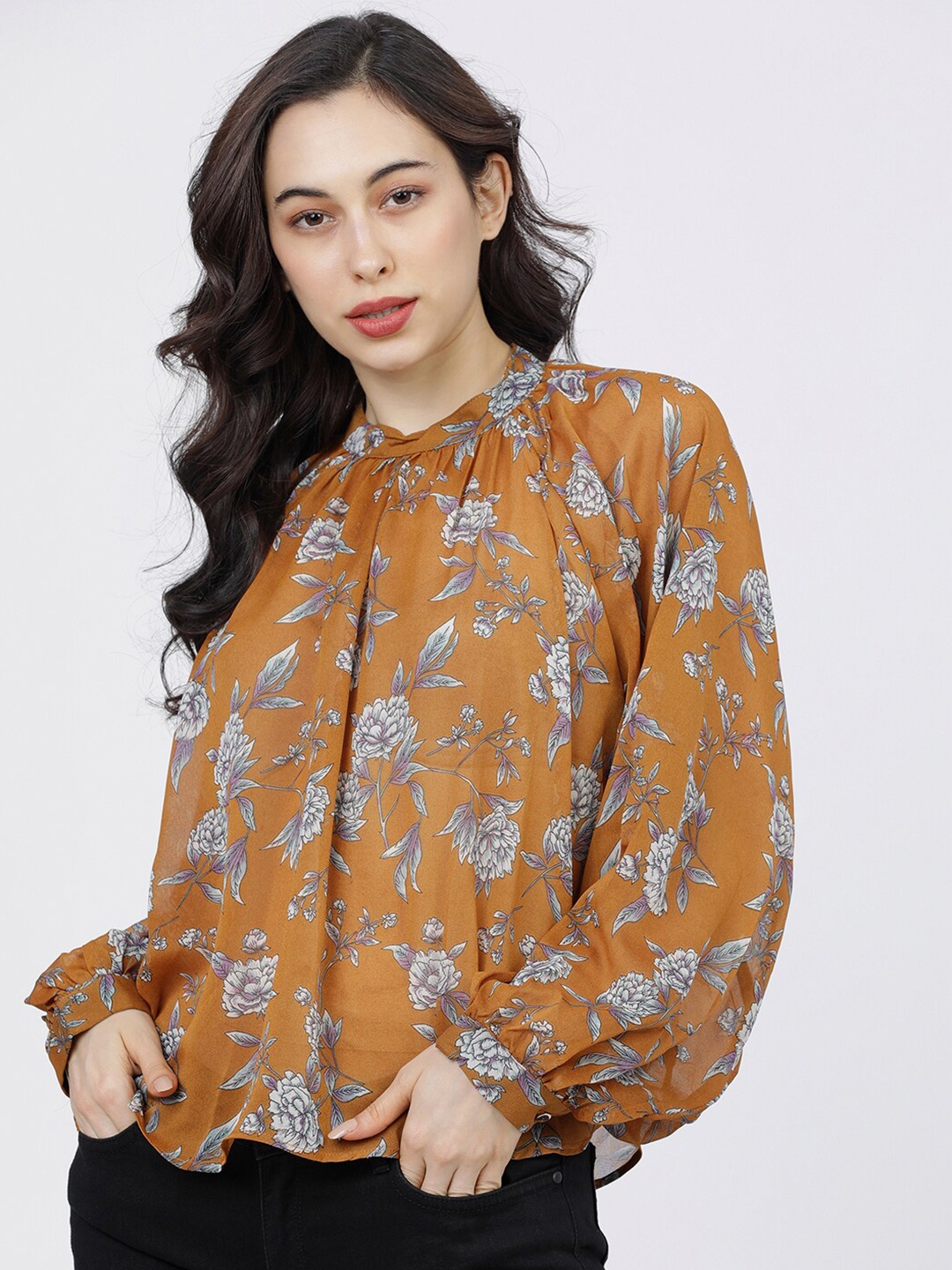 

Tokyo Talkies Rust Floral Tie-Up Neck Regular Top