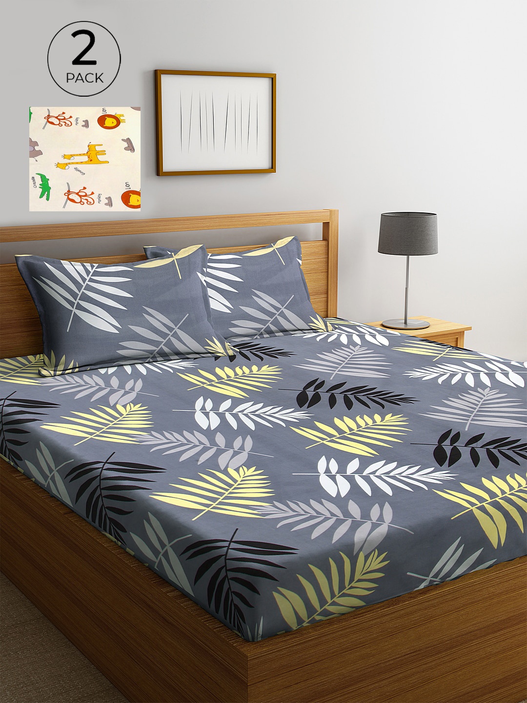 

KLOTTHE Set of 2 Multicoloured 300 TC King Bedsheet with 4 Pillow Covers, Grey