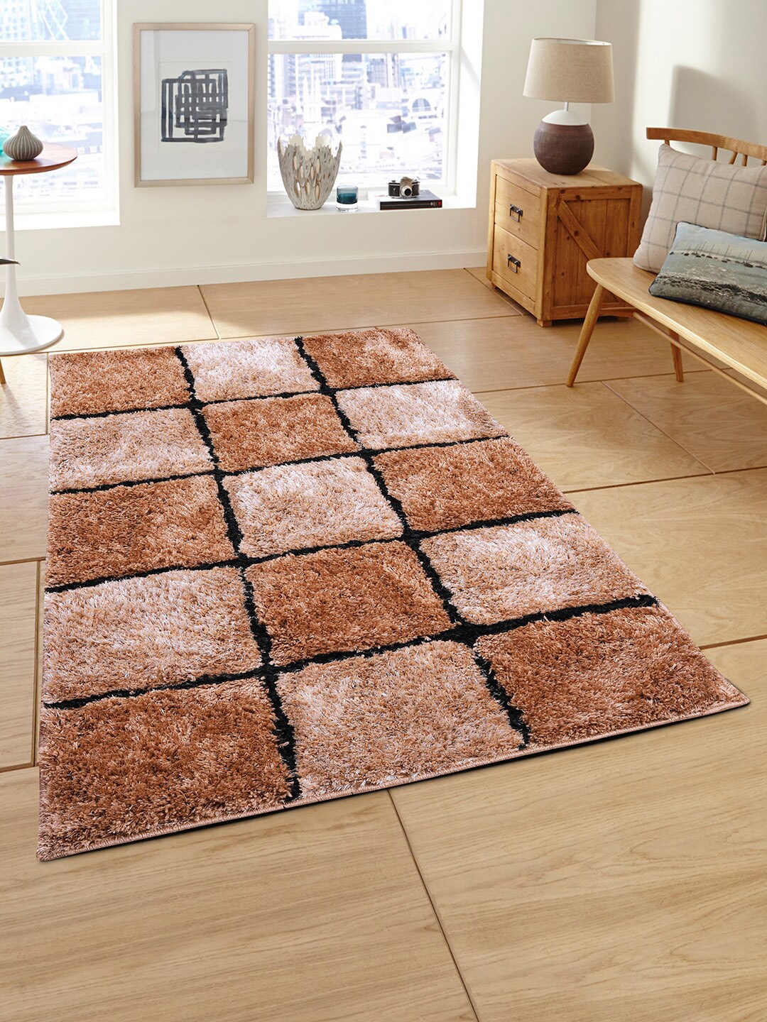 

ROMEE Beige & Brown Checked Shaggy Anti Skid Floor Carpet