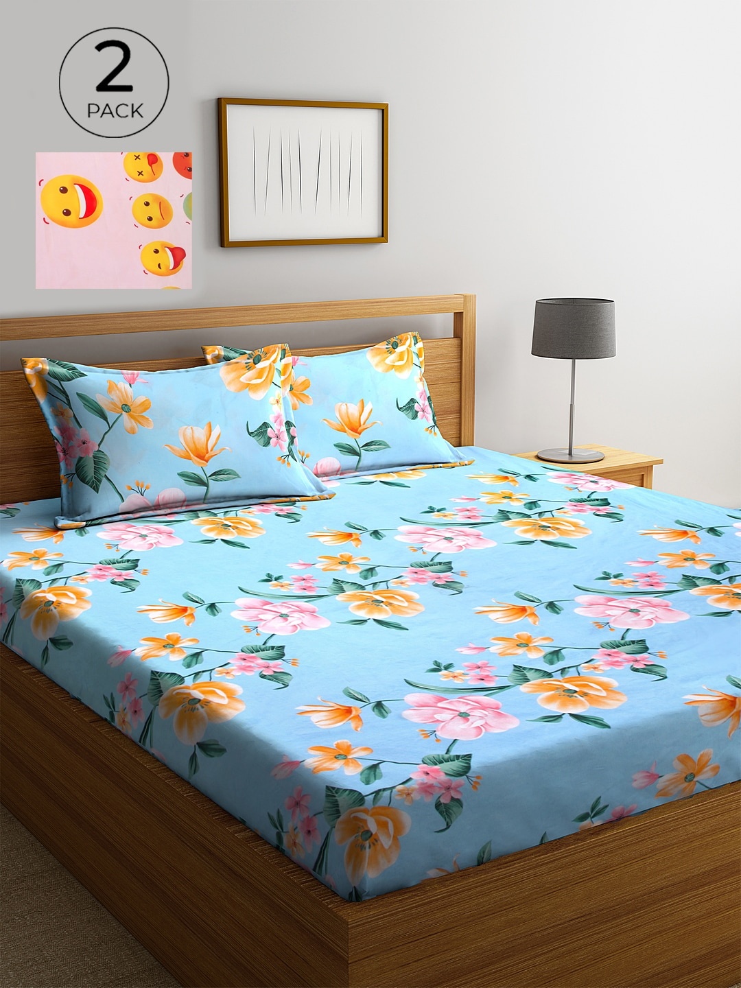 

KLOTTHE Blue & Pink Floral 210 TC Poly Cotton 2 King Bedsheet with 4 Pillow Covers