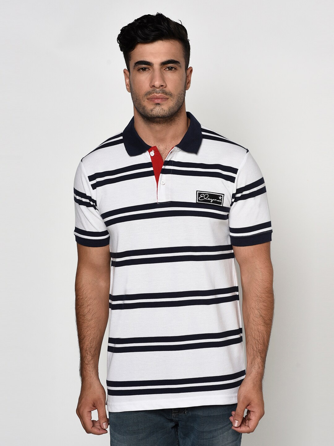 

ELEGANCE Men White & Navy Blue Striped Polo Collar T-shirt